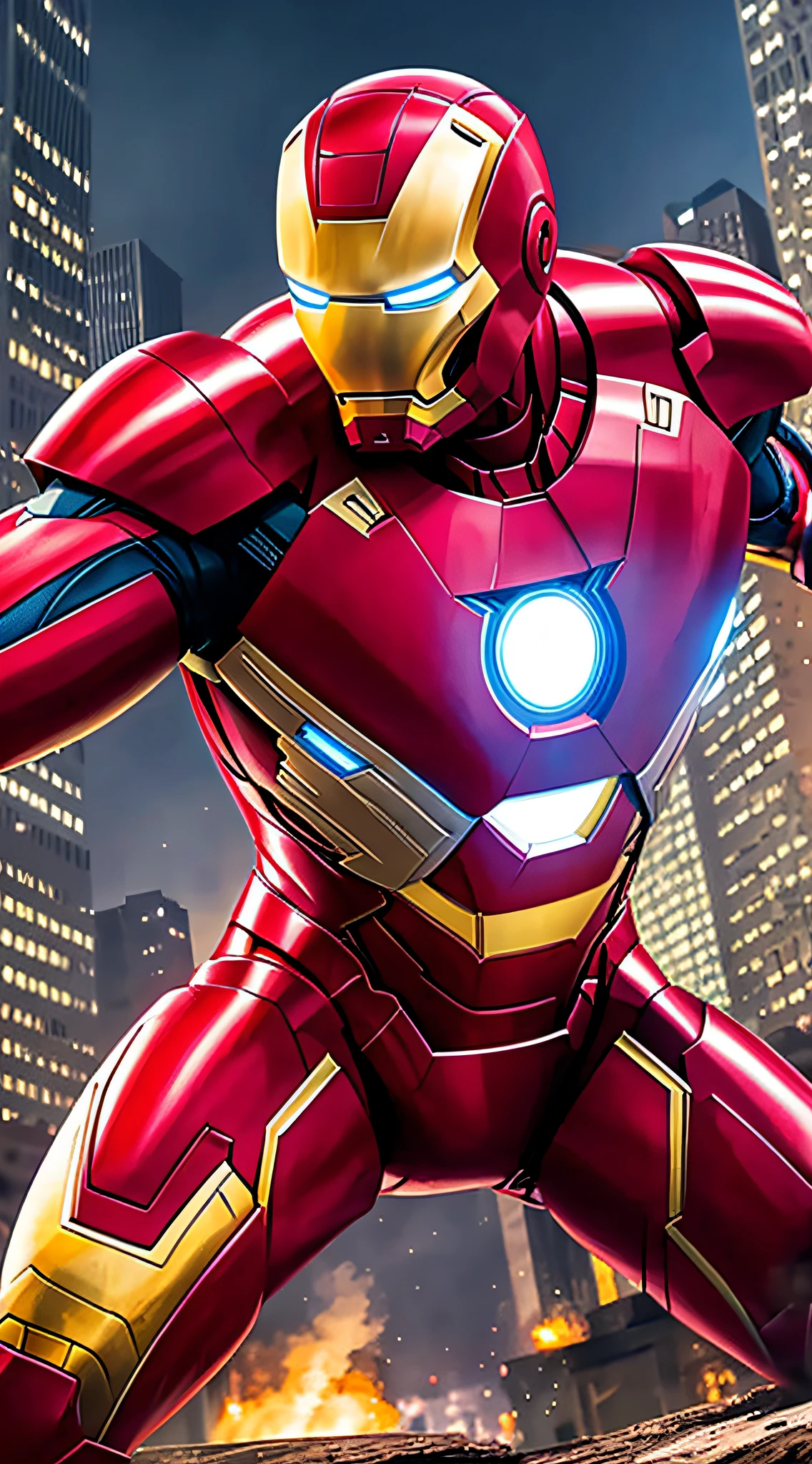 Iron Man in Spider-Man armor, with symbol on Batman's chest in Gothan City
