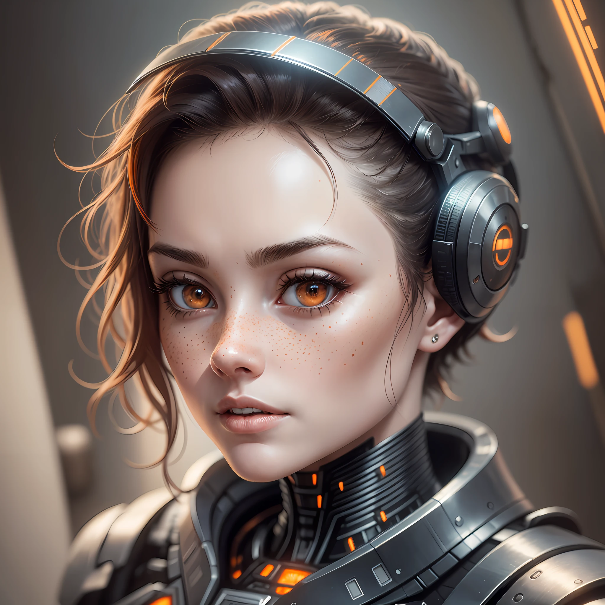 Best quality, full body detailed and realistic portrait of a woman with a few freckles, round eyes and short messy hair shot outside, staring at camera, chapped lips, soft natural lighting, dramatic lighting, photo realism, ultra-detailed, intimate portrait composition,  sharp lines, sharp focus, official art, 32k, ultra detailed complex 3d rendering of a beautiful porcelain profile woman android face, cyborg, robotic parts, anatomical, facial muscles, electrical cables, microchip, wearing black armor with orange, octane rendering, H. R. Giger style, --auto --s2