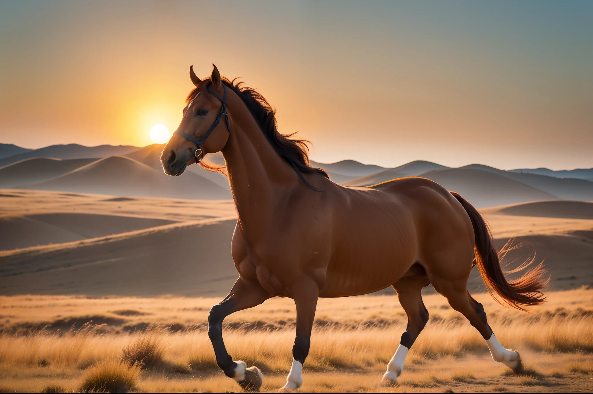 A brown-red horse galloped across the steppe in the setting sun, full limbs, long mane,
