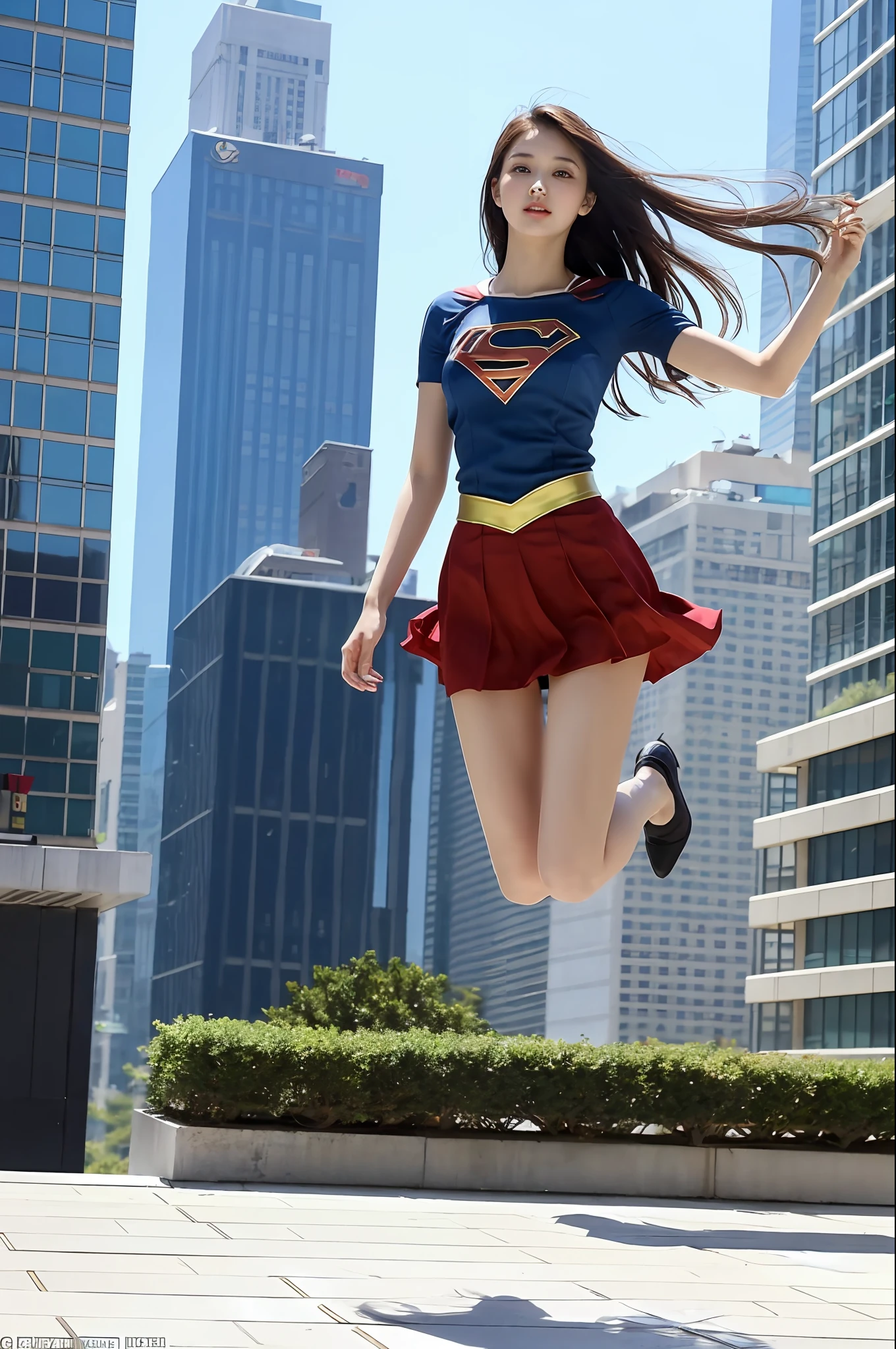 Top quality, delicate face, (((full body)), 20-year-old woman, (beautiful face)), slim body, (between skyscrapers), supergirl, (jumping high), large breasts