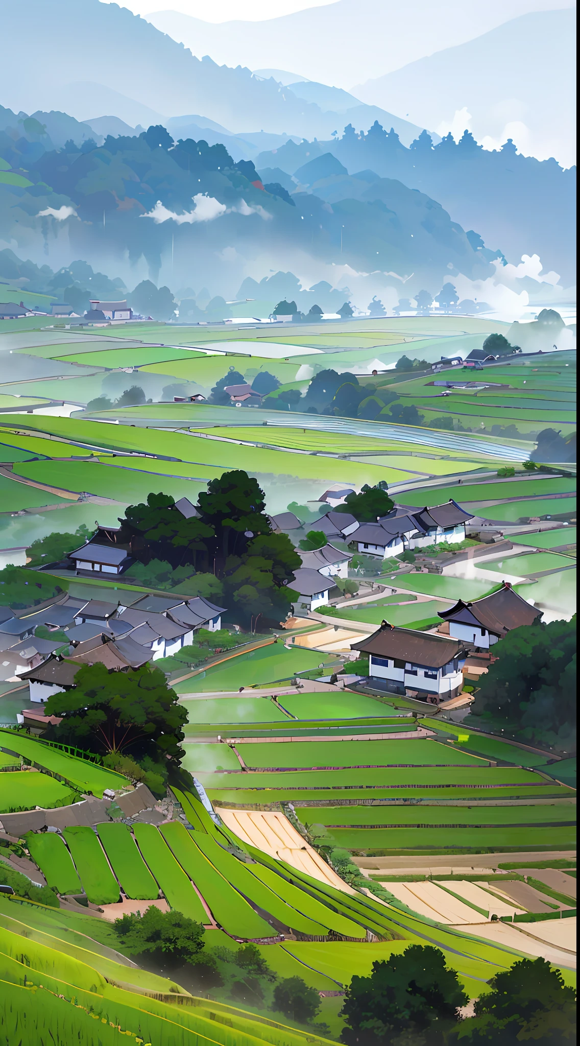 Large expanses of terraced fields, mountains, huts, with rice fields, rice fields, neat rice seedlings in the fields, misty rain, villages, agriculture, in the tranquil landscape, misty weather, in the vast tranquil landscape, in the early morning, in the morning mist, behind a small village, mist, Japanese countryside, thatched roofs --v 6