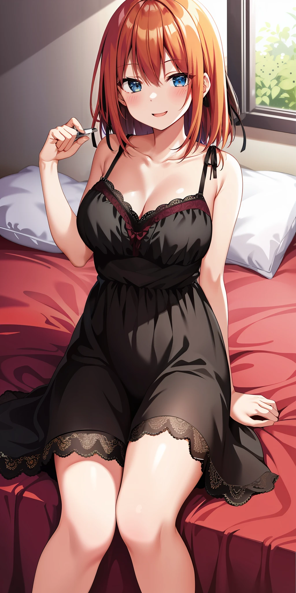 2d, masterpiece, best quality, anime, highly detailed, 1girl, solo, cowboy shot, nakano yotsuba, orange hair, night dress,  medium breasts, sitting, bedroom, indoor, smile, sexy pose, bed, pillow, window, , lace lingerie, stocking, black dress, open mouth, shy, blush, lying, lying on bed, yostuba,