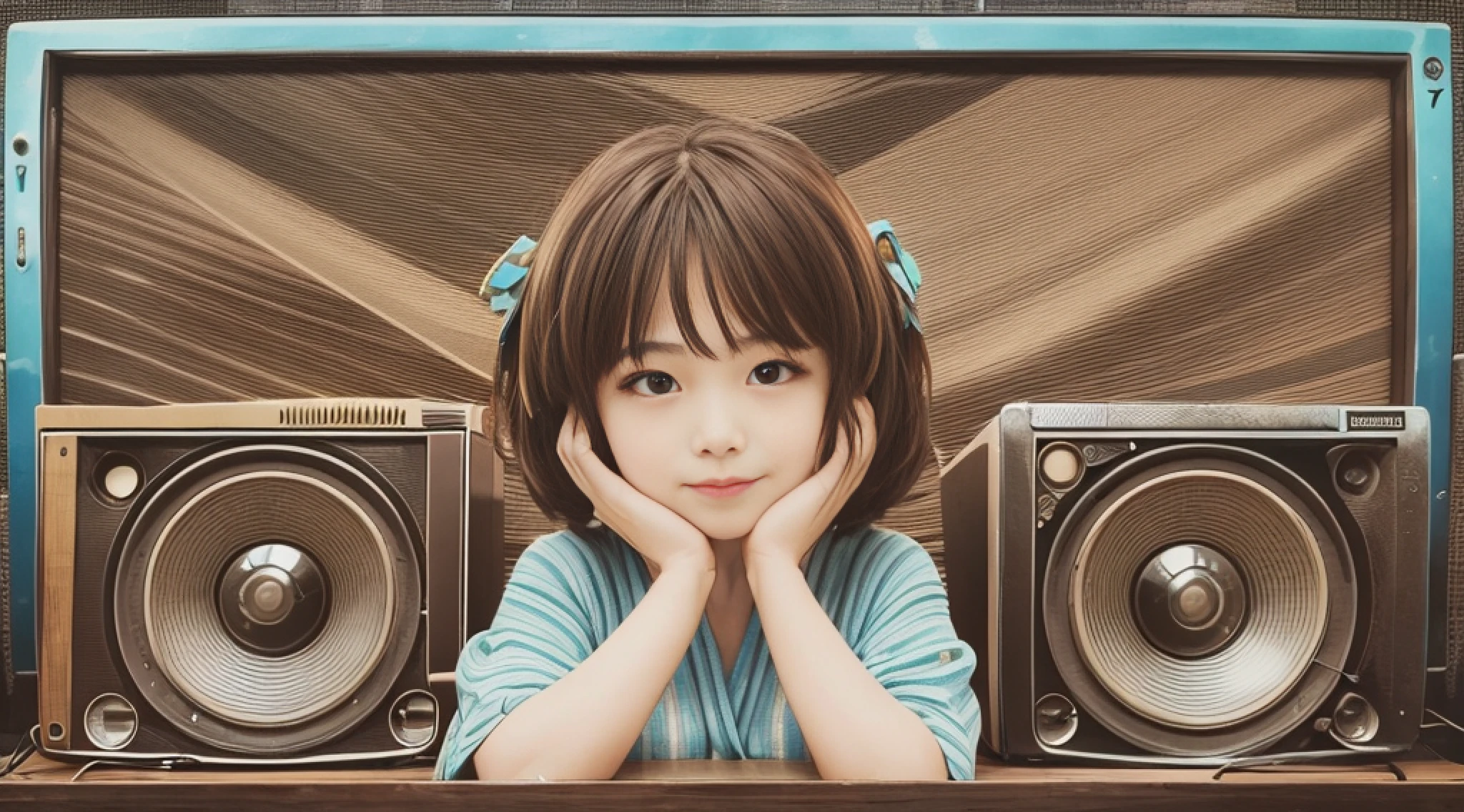 Group of people standing next to each other on the podium, pixiv, net art, color VHS image quality, old TV and radio hardware, goddess of summer, strongest pose, prayer posture, broken TV, brown bangs, she's happy, CRT