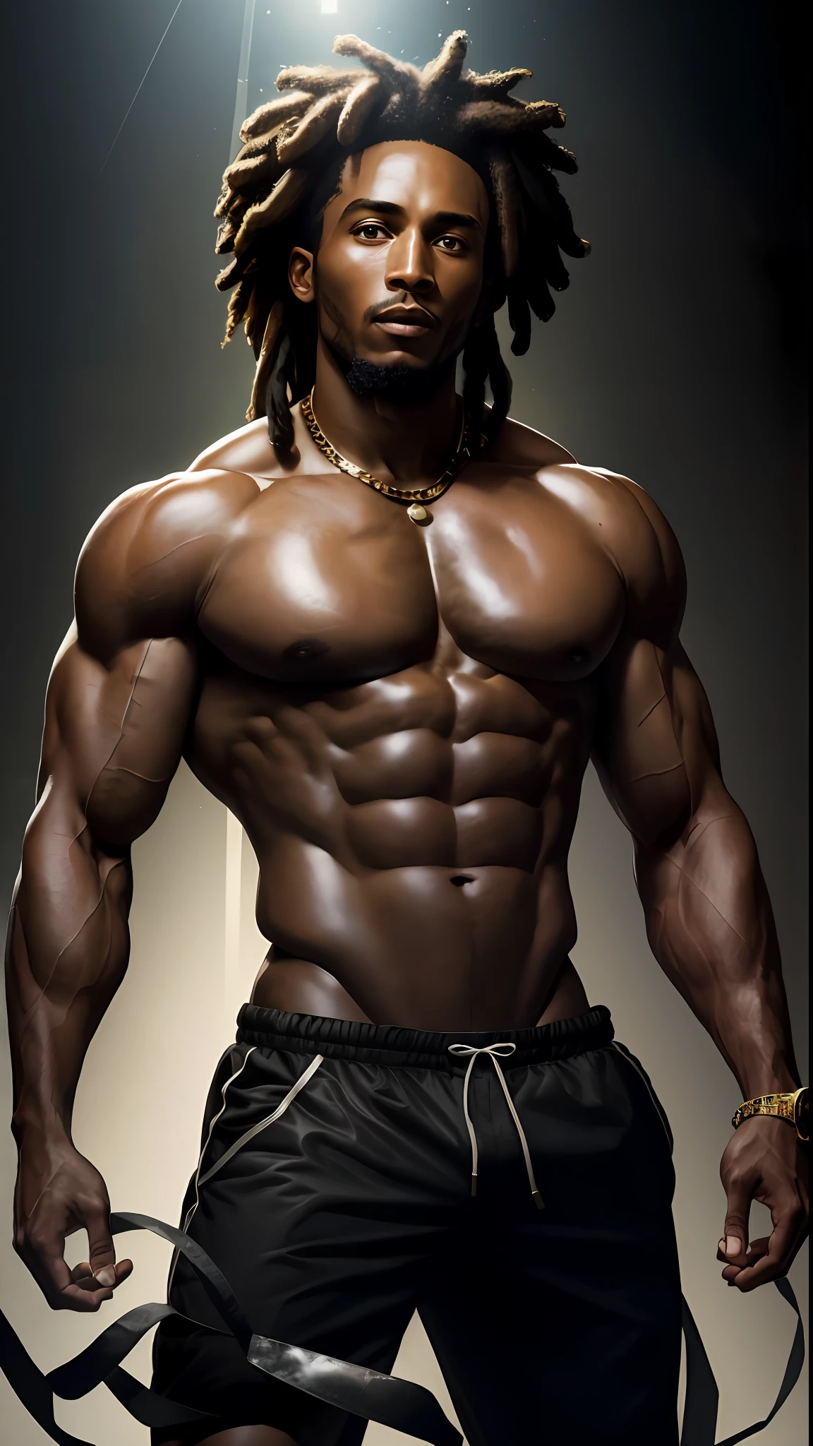 8k portrait of Bob Marley Bodybuilder, shirtless, intricate, 35 years old, las vegas, full body, looking at the camera, elegant, (black eyes), highly detailed, majestic, digital photography, art by artgerm and ruan jia and greg rutkowski, black hair, broken glass around (masterpiece, side lighting, beautiful finely detailed eyes: 1.2 ), hdr