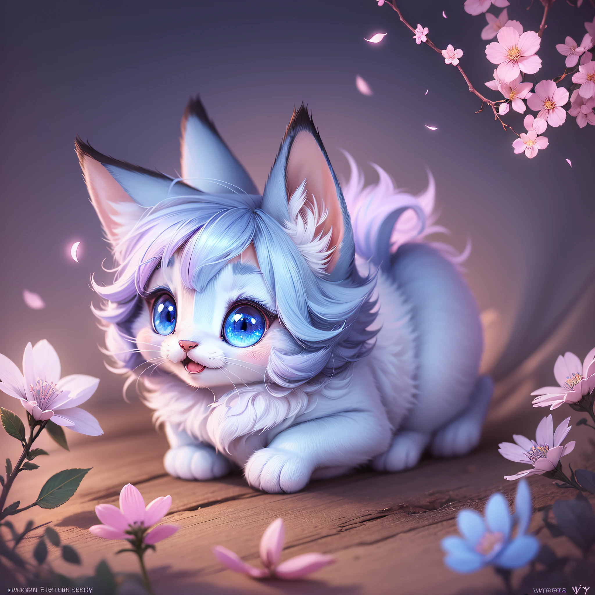 A kitten with a tiny tail, a small nose, small ears, blue eyes, pink background, flowers, vases, dreams, open mouth, smile, Caroline Chariot-Dayez pastels, tumblr, furry art, elokitty, Disney's Bambi cat, Disney's stylized furry, ears floating, fluffy tail, fluffy '', fluffy !!!, high resolution, furry art!!! The moon, small in size --auto --s2