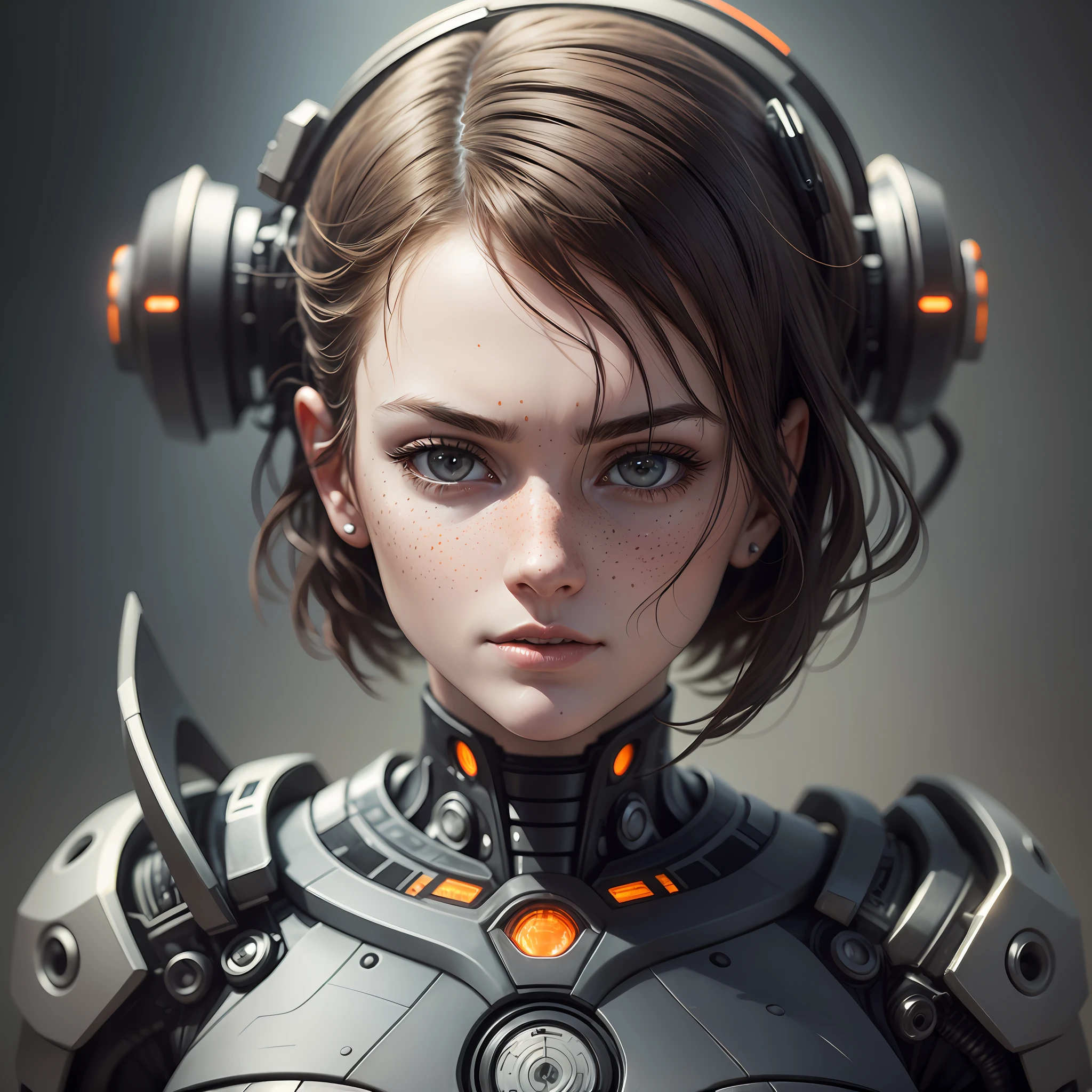 Best quality, full body detailed and realistic portrait of a woman with a few freckles, round eyes and short messy hair shot outside, staring at camera, chapped lips, soft natural lighting, dramatic lighting, photo realism, ultra-detailed, intimate portrait composition, sharp lines, sharp focus, official art, 32k, ultra detailed complex 3d rendering of a beautiful porcelain profile woman android face, cyborg, robotic parts, anatomical, facial muscles, electrical cables, microchip, wearing black armor with orange, octane rendering, H. R. Giger style, --auto --s2