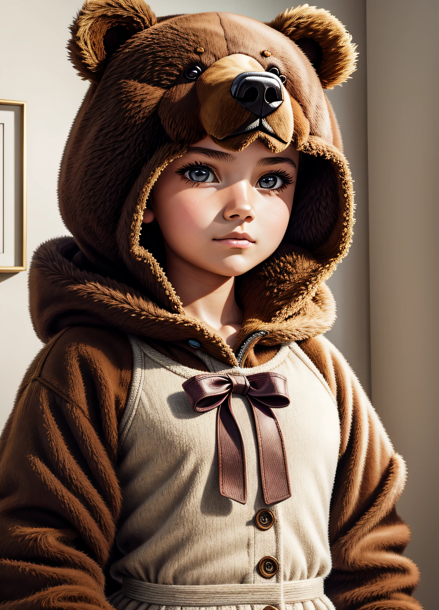 close-up of beautiful girl, , bear outfit, whole body well defined, is facing it, wallpaper in 16k