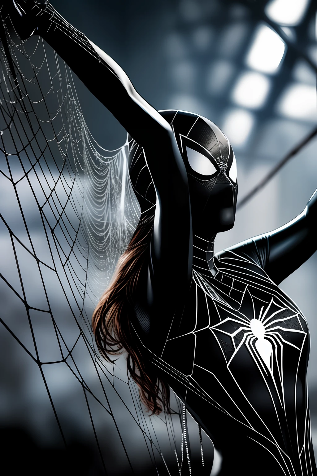 The Spider-Woman of the comics, wearing black clothing, hanging from a spider web, with many paper hearts around, ultra realistic image, detailed, the best possible rendering, depth of field to give realism