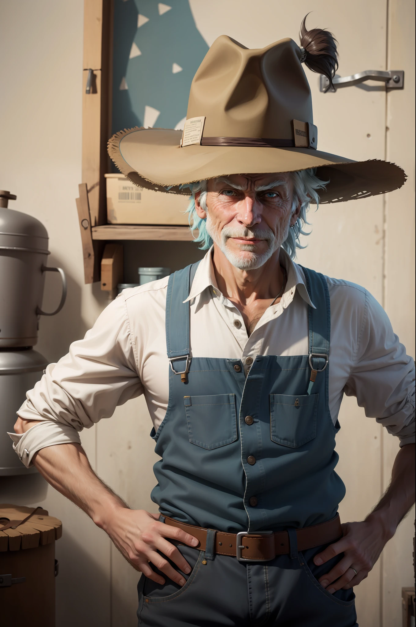 Rick Sanchez with a hillbilly hat and a hillbilly outfit as if he were a farmer, frontal photo, face full of expressions, hair hidden under the hat