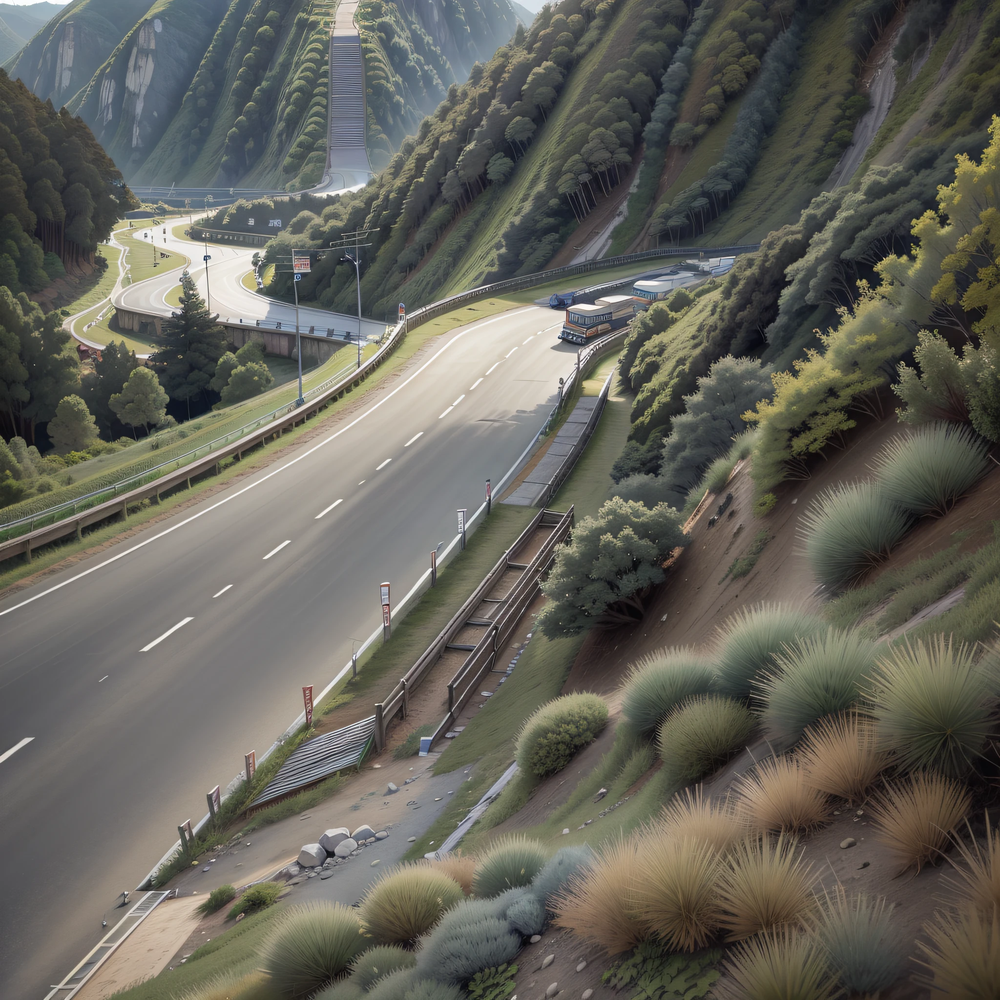 Yunnan mountainous road, a road, asphalt concrete, left side road ditch slope, slope vegetation, left side roadside ditch, right side retaining wall, right side safety sign, oncoming vehicles, no buildings.