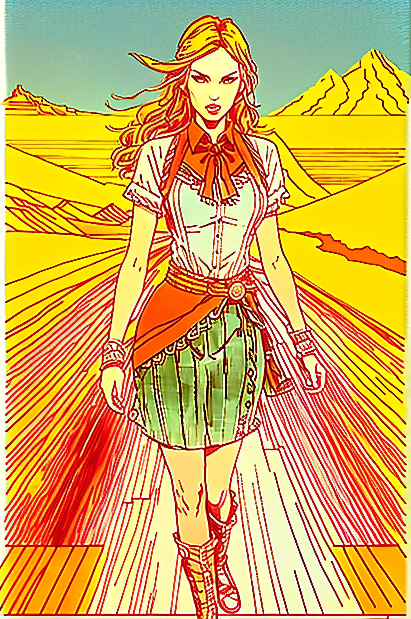 a close up of a drawing of a woman in a skirt and boots, inspired by Yuko Shimizu, post - apocalyptic cowgirl, red dead redemption art style, martin ansin, by Yuko Shimizu, posuka demizu, by Satoshi Kon, style of satoshi kon, in style of katsuya terada, mighty princess of the wasteland