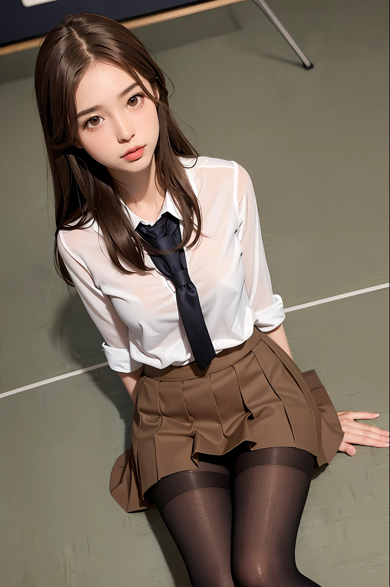 1girl, solo, pantyhose, school uniform, skirt, long hair, flip skirt, brown eyes, brown hair, lift up clothes, sitting, looking at the audience, serafuku, lift yourself, realistic, underwear, brunette hair