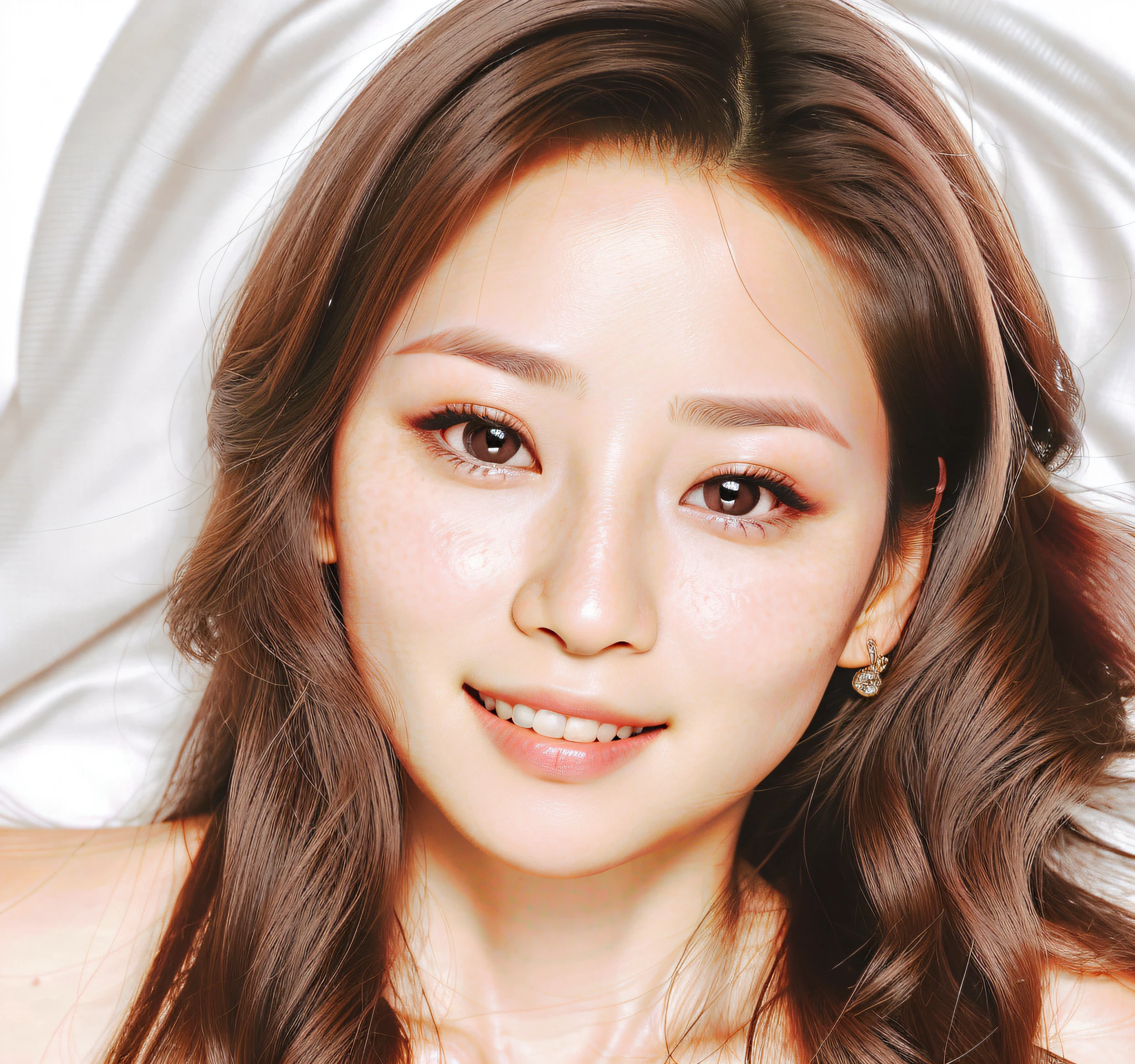 (Photorealistic: 1.4), Masterpiece, Ultra High Resolution, RAW Photo, Best Quality, (Smile with Teeth: 10.0), (Sexy: 1.4), Raw Photo, Japan Beautiful Wife, (Small Face: 3.0), (Cute: 3.0), (Blush Pink: 3.0), (Eyes Downed: 5.0), (Large, Round Eyes: 3.0), (Moisturized Eyes: 3.0), ( Upper eye on camera: 3.0), figure eight with double-down eyebrows, white skin with makeup, short hair, lying on his back on the bed,