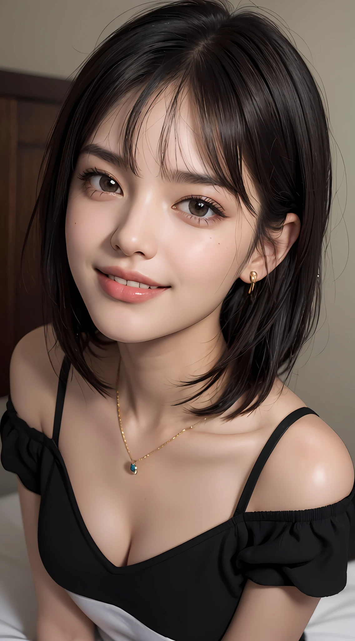 (top quality, 8k, masterpiece: 1.3), pretty woman with perfect figure: 1.4, dark brown hair, big, wearing pendants, torn shorts, sleeping in bedroom, very detailed face and skin, detailed eyes, double eyelids, top quality, masterpiece, (photorealistic: 1.4), one woman, golden ratio, high angle shot, upper eye care, low angle shot, perfect face, beautiful figure, cute face, face close-up, zoom in on face, short bob, short hair, smile from different angles, smile, gloss, highlight, gloss, glossy on skin, glossy on skin, wet skin, wet, bangs, cute smile, bust, off-shoulder, refreshing charm, elegant, perfect hands, smile from angle, smile, shiny, highlight, glossy skin, bangs, bust, big, Warm off-shoulder, refreshing charm, ears out, gaze to the camera, poses at different angles