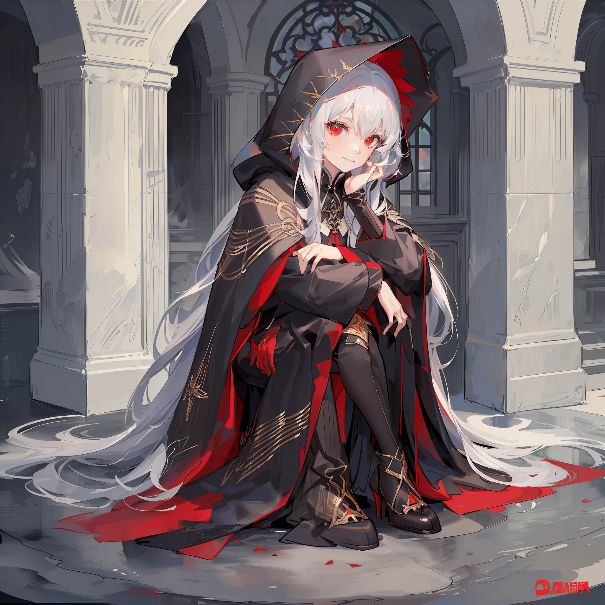 Maiden, black robe, hood, cape, red eyes, long white hair, faint smile, sitting on a black throne