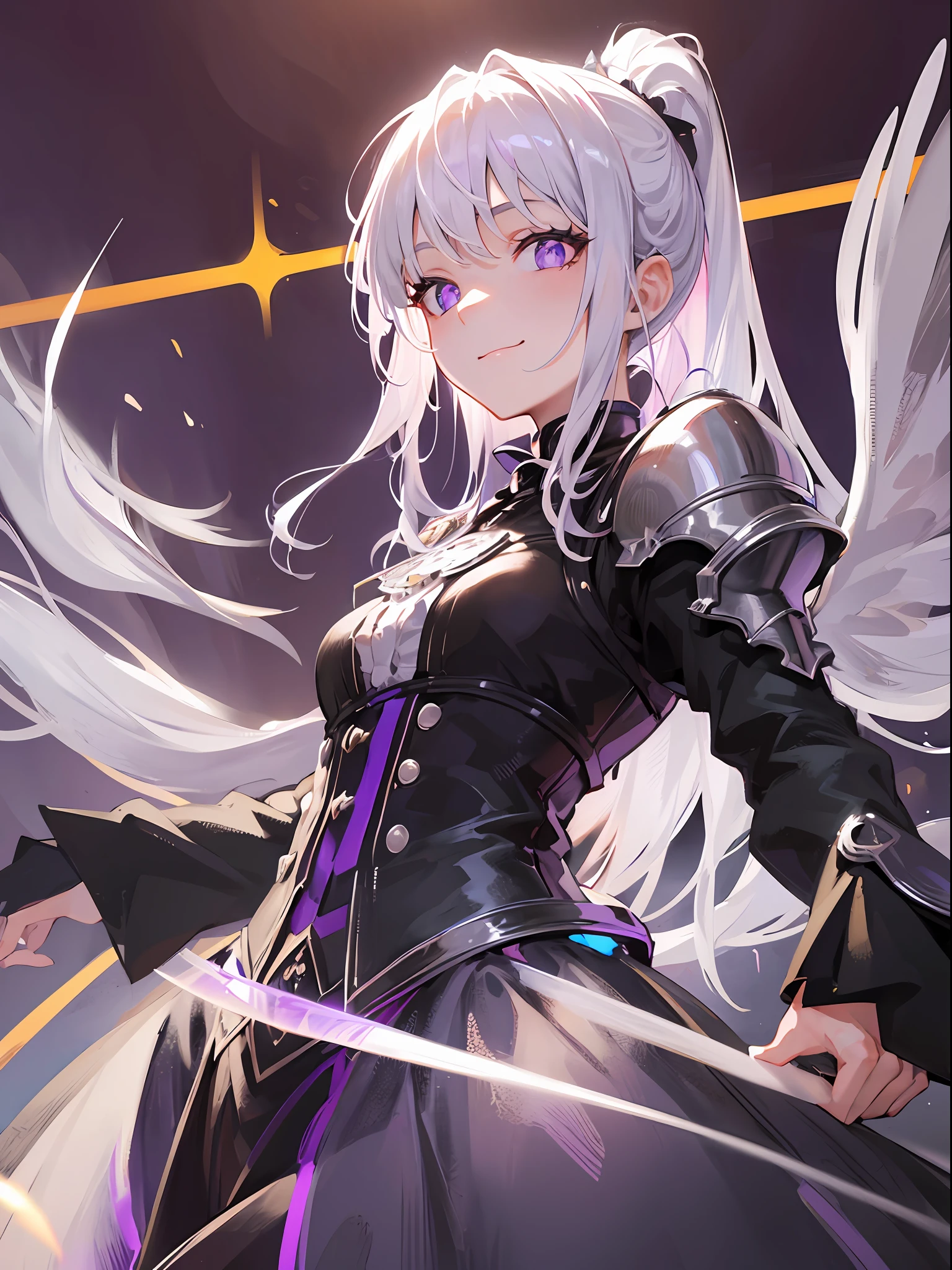 Girl, beautiful purple eyes, sparkling eyes, white circle in pupils, smile, ponytail,cool view, white hair, 2d, flat color, from below, Illustration, moody lighting, Dutch angle, skirt, small transparent crystal like wings on hips, masterpiece