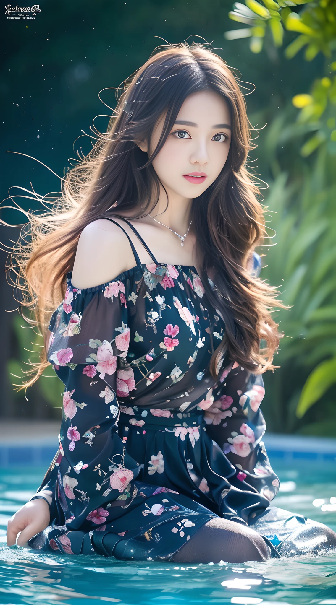 Keywords: watery big eyes, loving pupils, [shy], long hair, master works, best picture quality, super high resolution, higher quality, beautiful girl, female, heart-shaped hair ornament, 8k resolution, hot girl, student, beautiful pupil, blush, dusk, oasis ((character at the edge of the pool)), magic ring, volumetric light, cinematic light, natural light. Waterfall background, fashion long skirt, not exposed, full body photo
Snow Moon Law Moon Girl Light Shoulders, Solo, Crystal Clear Water Splash Perfect Reflection, Eyebrow Pattern, Beautiful Black Eyes, Floating Water Splash, Black Water Droplet, Beautiful Glow, Best Quality, Illustration, Masterpiece, Best Production, Best Quality, Highly Detailed, Extremely Detailed CG, Lighting, Cute, Tyndall Effect, Burning Splash Wrapped, Light Shoulders, Depth of Field, Black Water, Super Moe, Shining, Beautiful
The, delicate facial features, cute, black water particle special effects, dreamy, floating
Black glowing particles, burning hair, necklace
((Masterpiece)), ((Highest Quality)), exquisite CG, blue-purple tone, sweet
Beautiful and lovely