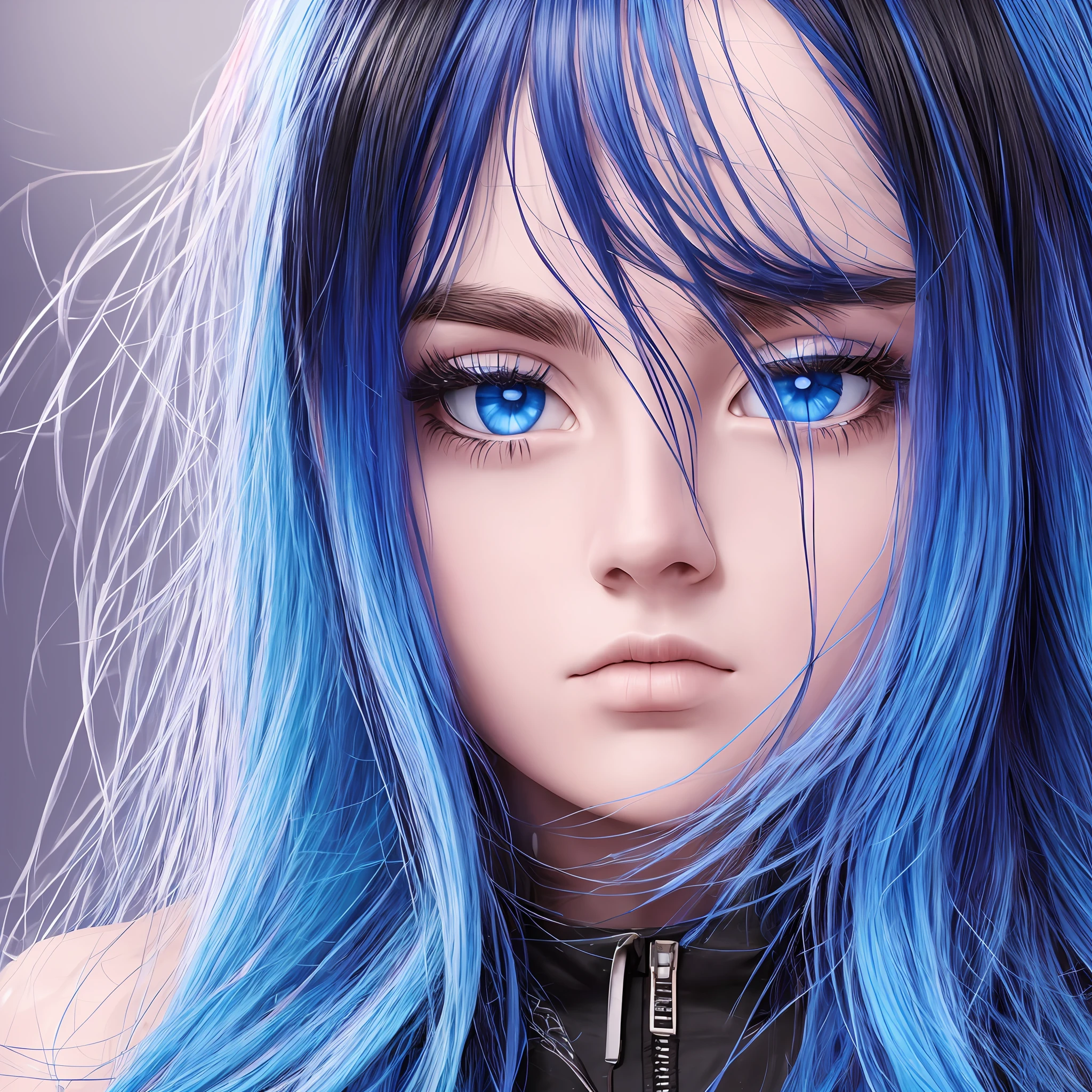 black hair, long hair, blue eyes, blank skin, face billie elish, Surrealism, 8k, super detail --auto --s2