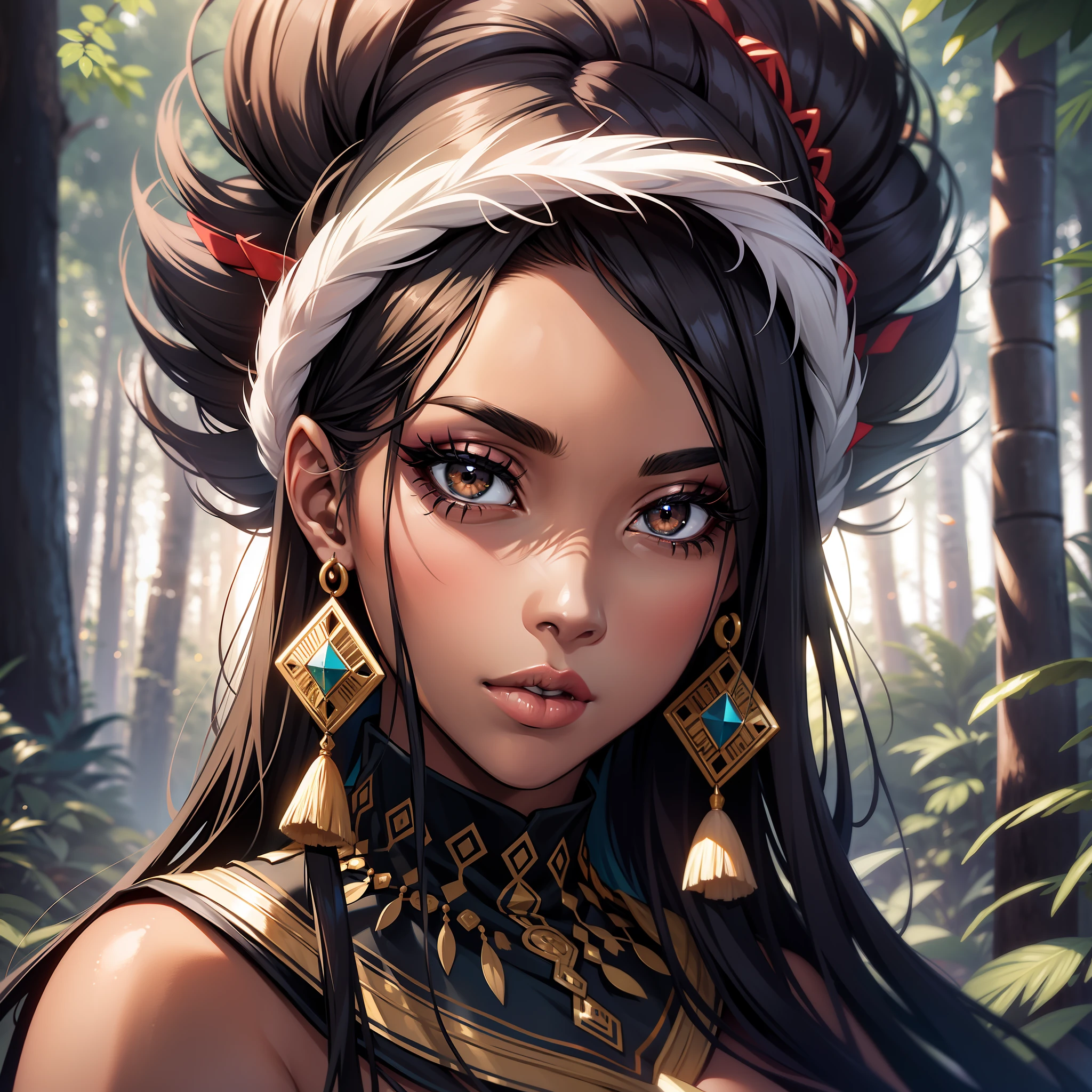 (a young woman:1.2)| (a girl:1.1), dark skin, portrait, makeup, super detailed, indigenous style, forest, direct look, contoured.