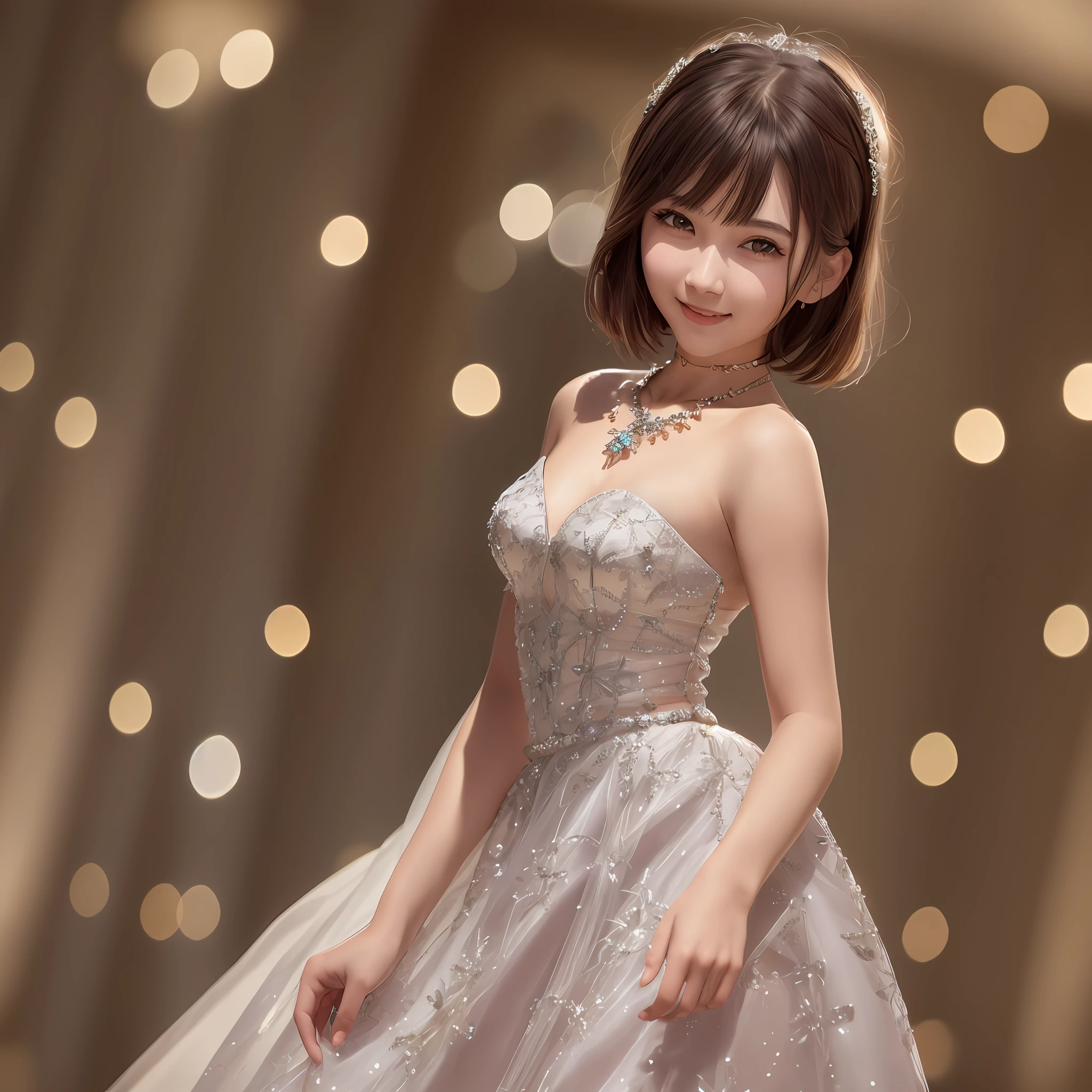 Photorealistic, Realistic, Best Quality, Masterpiece, High Definition, 8K UHD, DSLR, Soft Lighting, High Definition, 4K, 8K, Night Sense, Dim Lighting, Candlelight, ((Background with Bokeh Light)))) Maiden, Back View, Cute, (Happy), (Smile), Medium, Short Hair, Pan Hair, Parrot Burn Hair, Brown Eye, (Fine Eyes), ( Detailed facial features, etc.), (detailed dress features), tight skin, (shiny girl), (slender girl), (single woman, solo), princess, gown, hair ornament, necklace, jewelry, jewelry, crystal, majestic