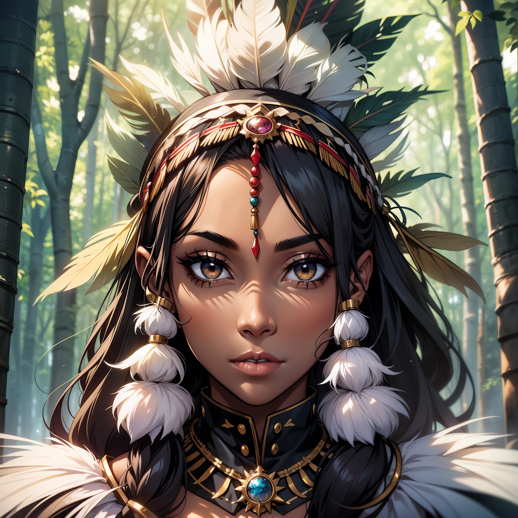 (a young woman:1.2)| (a girl:1.1), dark skin, portrait, makeup, super detailed, indigenous style, forest feather headdress, direct look, contoured.