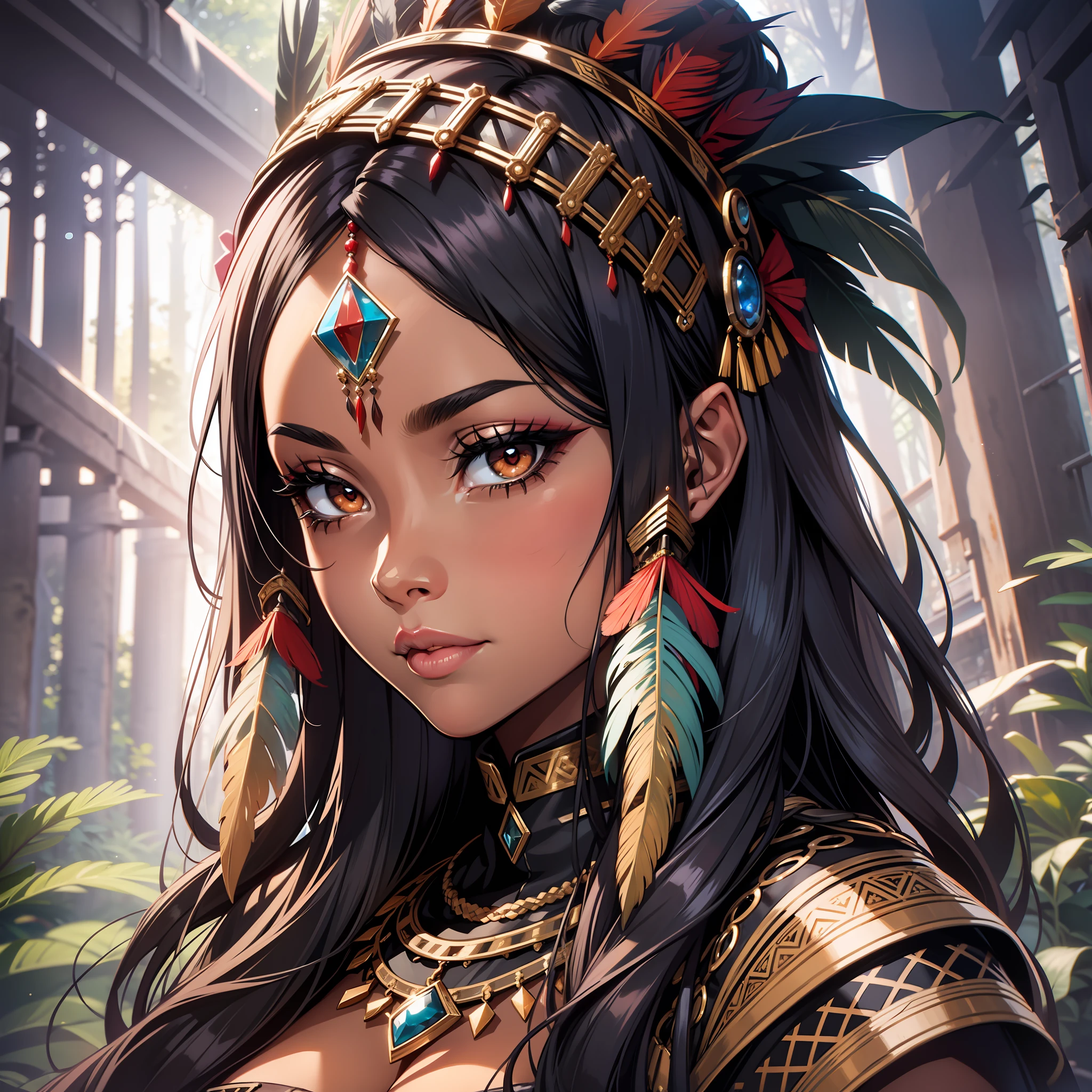 (a young woman:1.2)| (a girl:1.1), dark skin, portrait, makeup, super detailed, indigenous style, forest feather headdress, direct look, contoured.