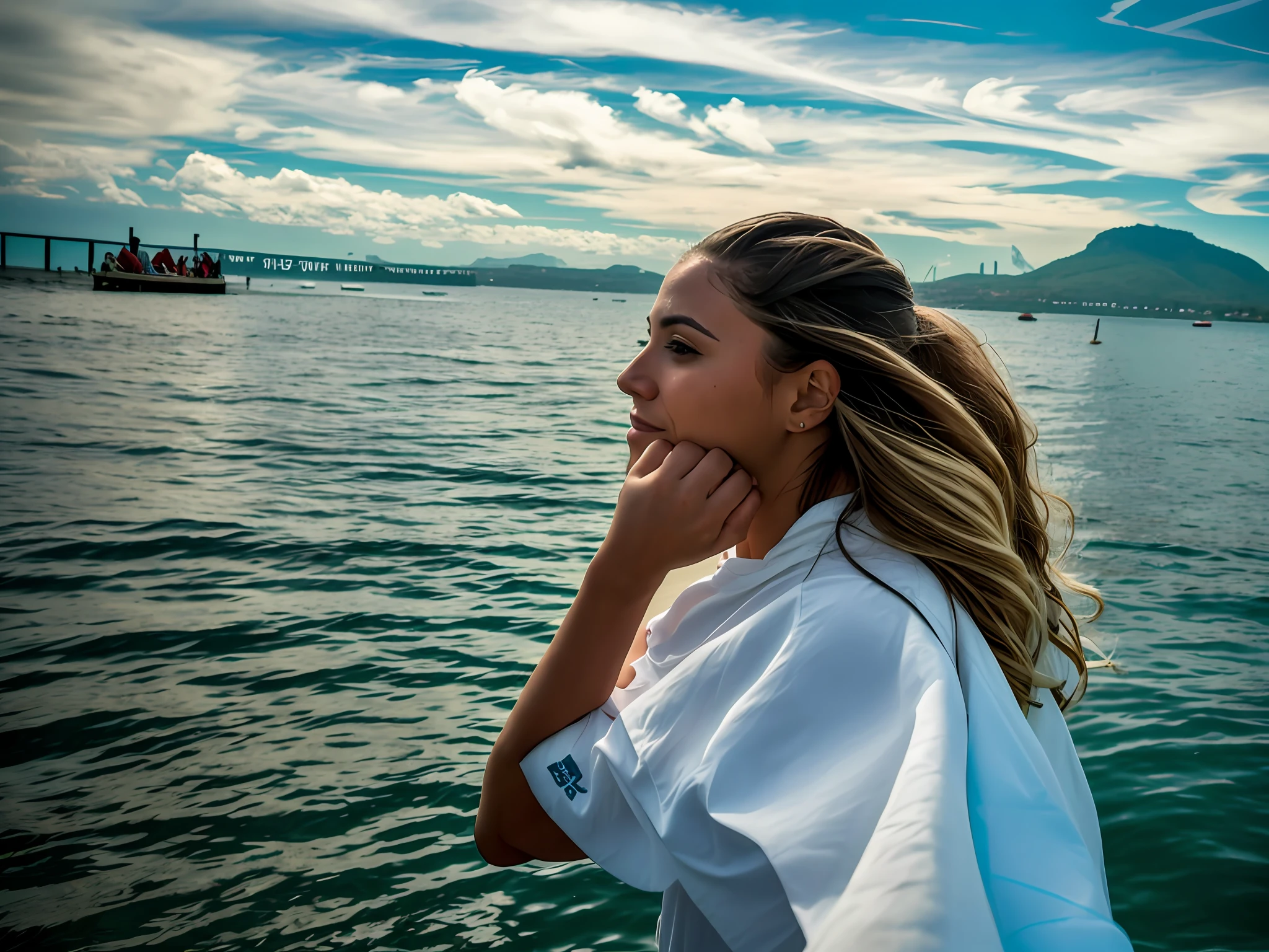 woman with long hair standing on a dock looking out at the water, gazing at the water, looking off into the distance, looking into the distance, taken in 2 0 2 0, great view, ocean in the background, the ocean in the background, looking from side!, looking off to the side, looking away from the camera, looking away from camera