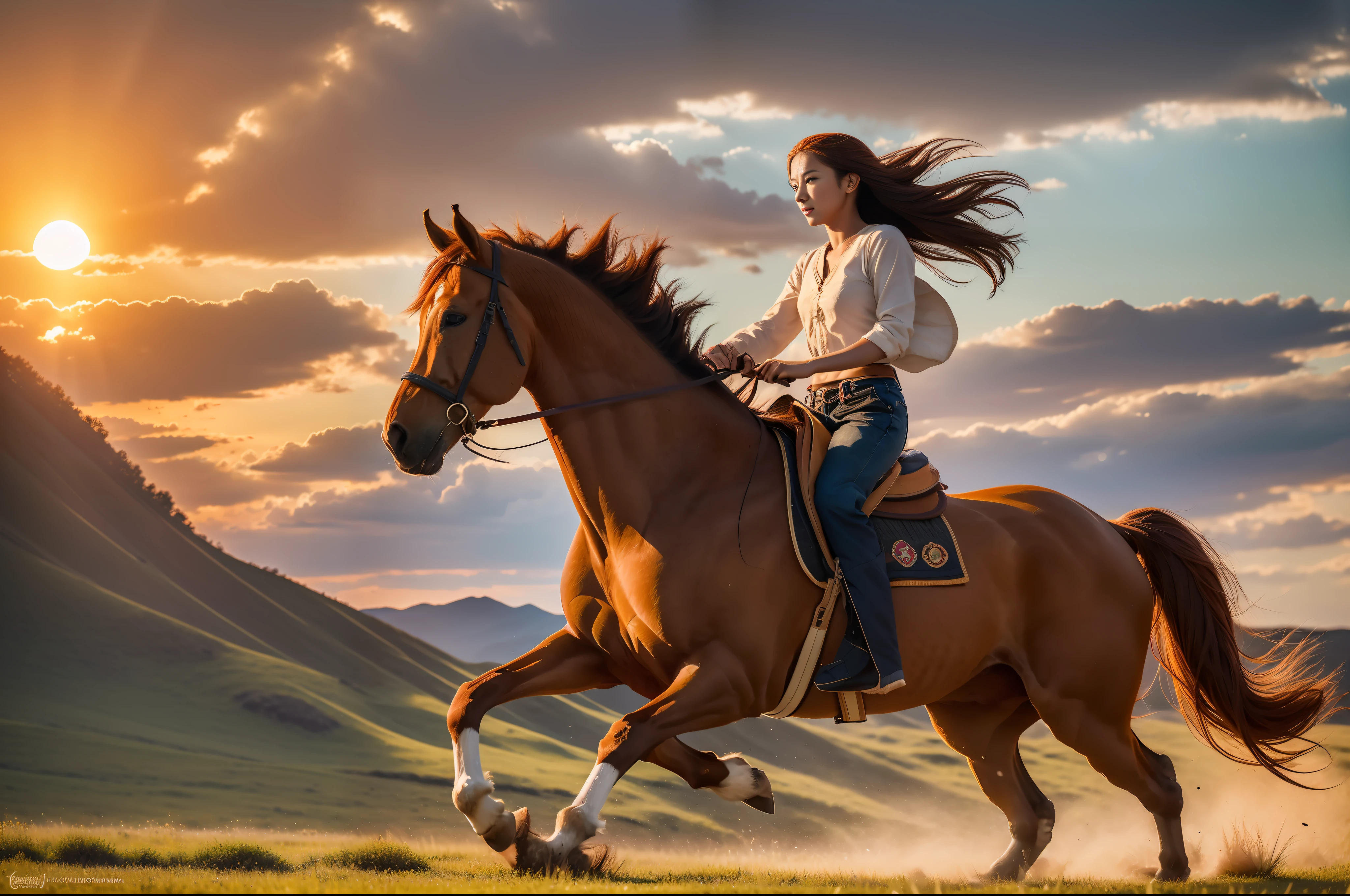 A brown-red horse galloped across the steppe in the setting sun, full limbs, long mane,