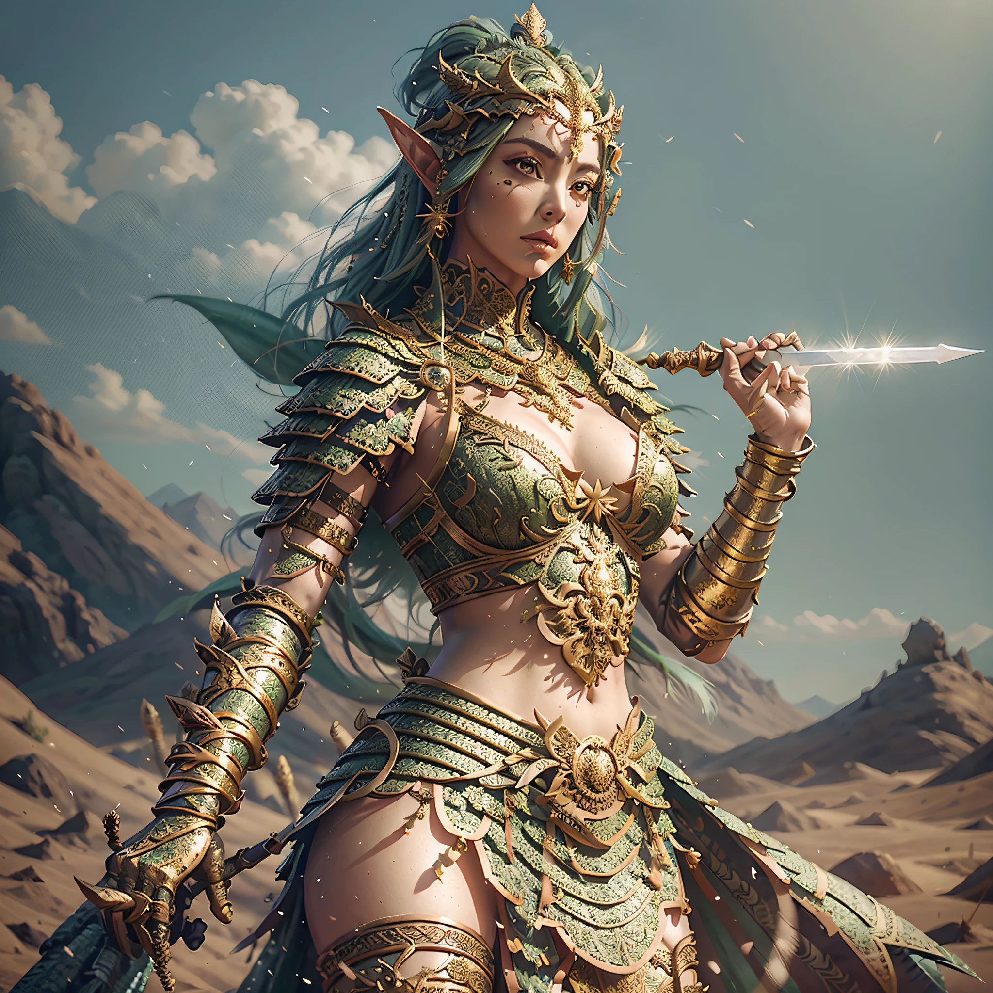 arafed woman in a green outfit with a sword and a desert background, elven warrior princess, beautiful female warrior, beautiful and elegant female elf, 3 d render character art 8 k, fantasy style 8 k octane render, artgerm julie bell beeple, warrior princess, portrait of an elven warrior, daz studio genesis iray ultra hd --auto --s2