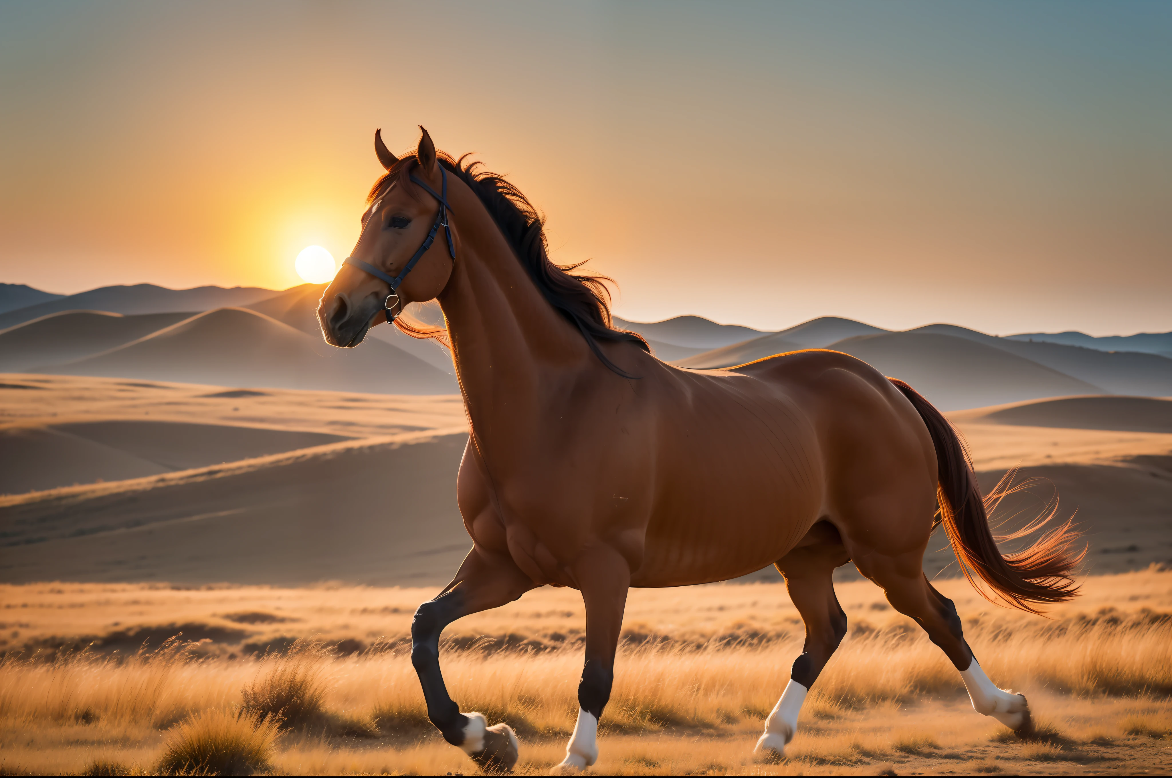 A brown-red horse galloped across the steppe in the setting sun, full limbs, long mane,
