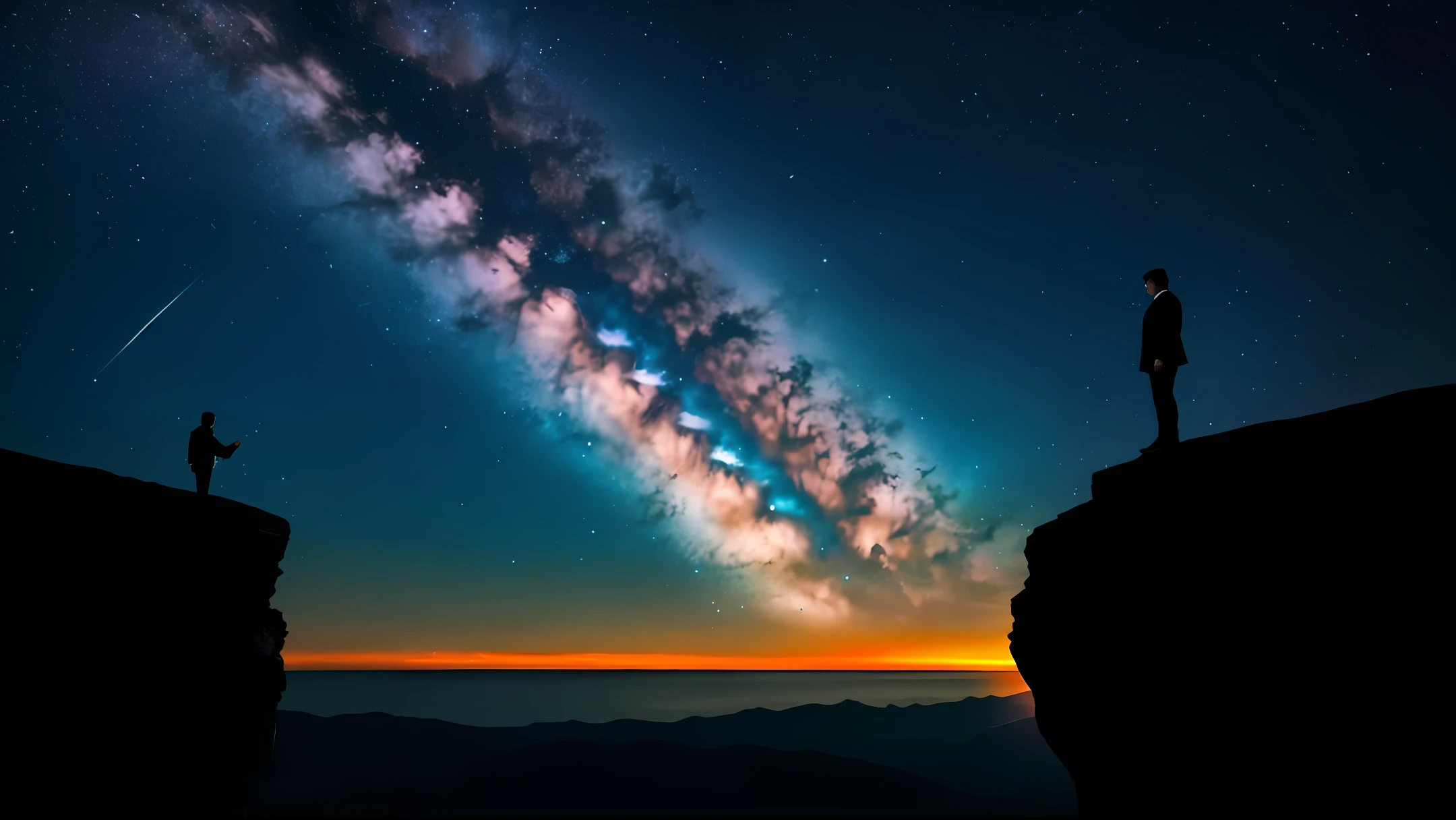 In the dark night, a man in black stood on the top of a cliff, looking at the sky