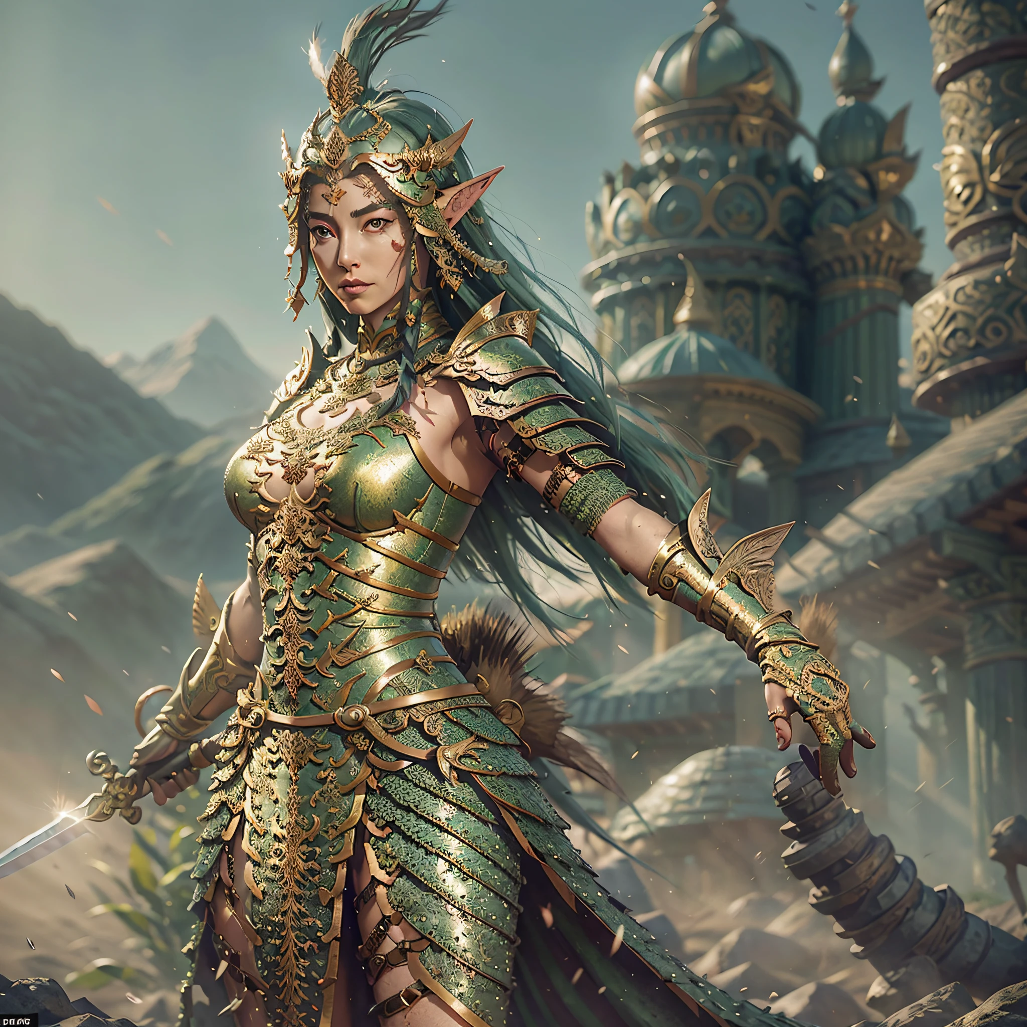 arafed woman in a green outfit with a sword and a desert background, elven warrior princess, beautiful female warrior, beautiful and elegant female elf, 3 d render character art 8 k, fantasy style 8 k octane render, artgerm julie bell beeple, warrior princess, portrait of an elven warrior, daz studio genesis iray ultra hd --auto --s2