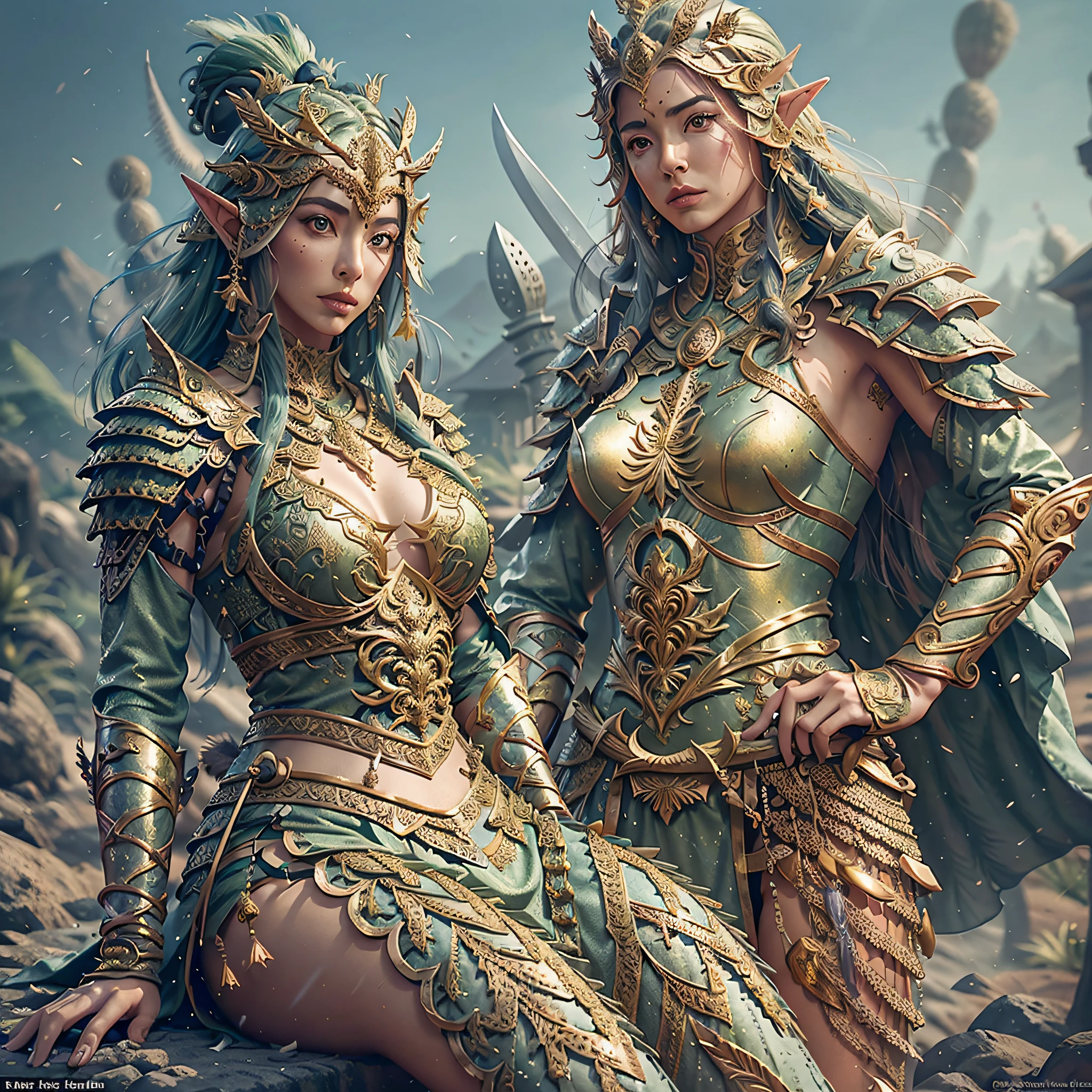 arafed woman in a green outfit with a sword and a desert background, elven warrior princess, beautiful female warrior, beautiful and elegant female elf, 3 d render character art 8 k, fantasy style 8 k octane render, artgerm julie bell beeple, warrior princess, portrait of an elven warrior, daz studio genesis iray ultra hd --auto --s2