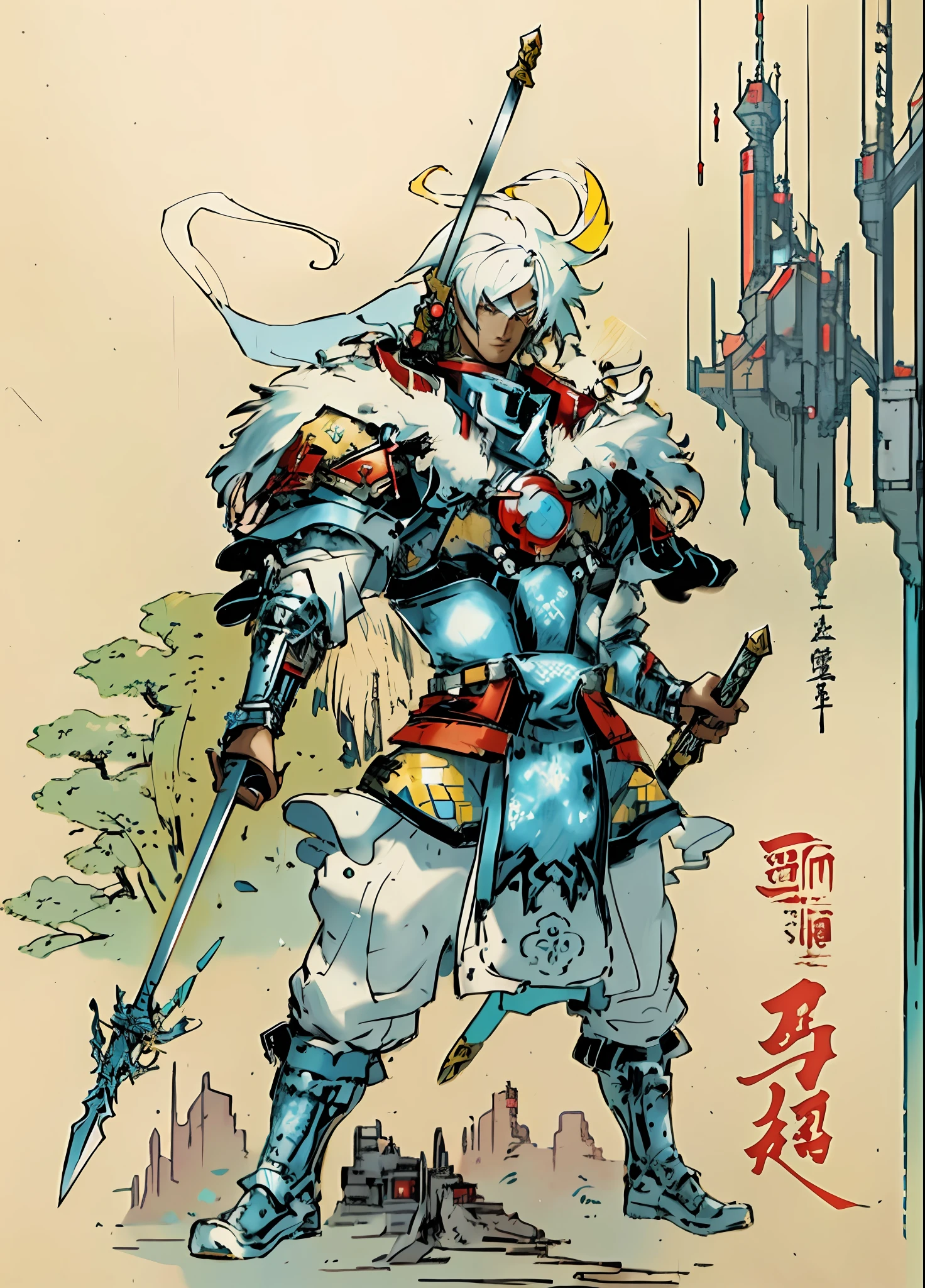 Traditional concept art, G Yanagi Lian & Yoshitaka Amano style, Yang J visual design, Akira inspiration, with masculine characteristics, excellent character design, Zhao Yun, armor dressup, close-up with a sword, 1 boy, exquisite details, 4k, cyberpunk