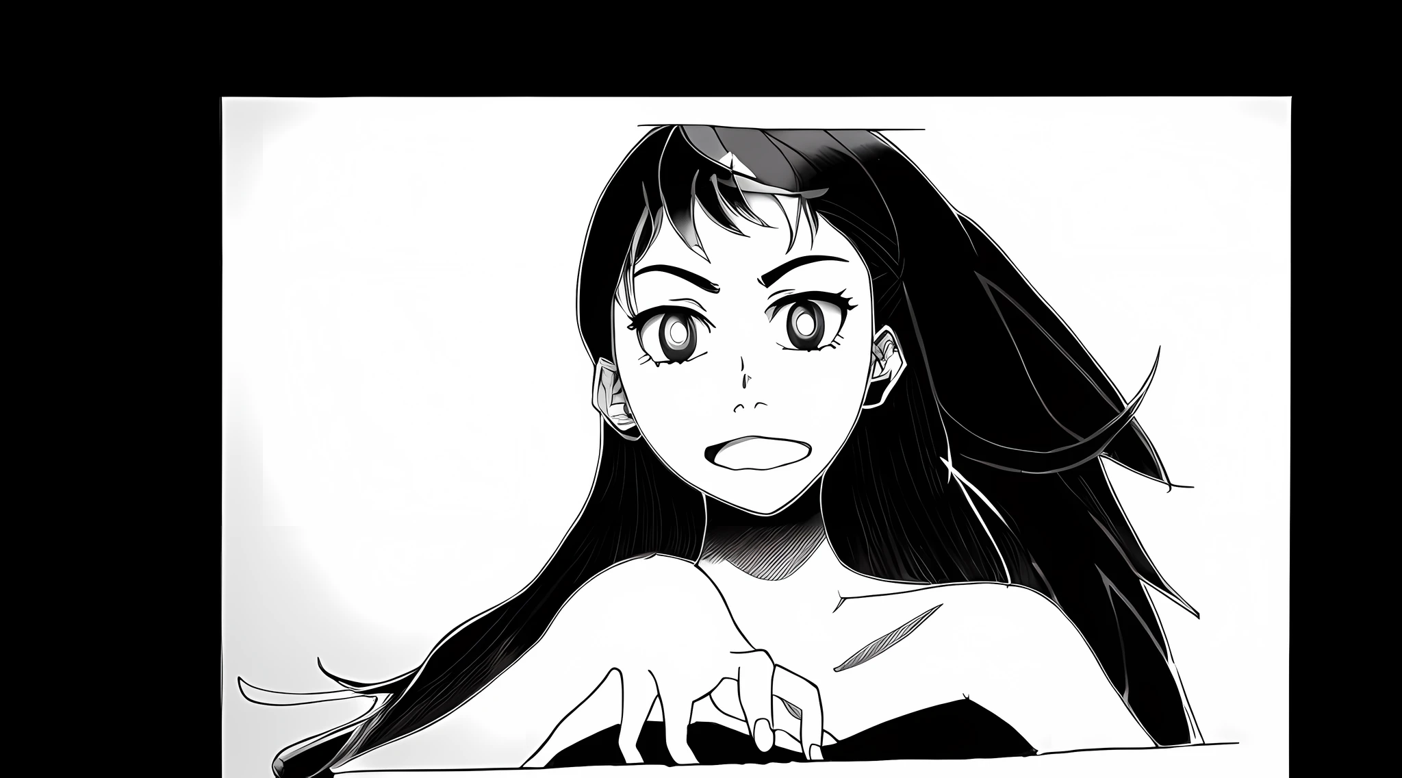 a drawing of a woman with long hair and a black dress, black and white manga panel, bold lineart, perfect lineart, black and white manga page, intense line art, clean anime outlines, thick black lineart, rei hino as a princess, in style of manga, art in the style of terry moore, manga panels, in manga style