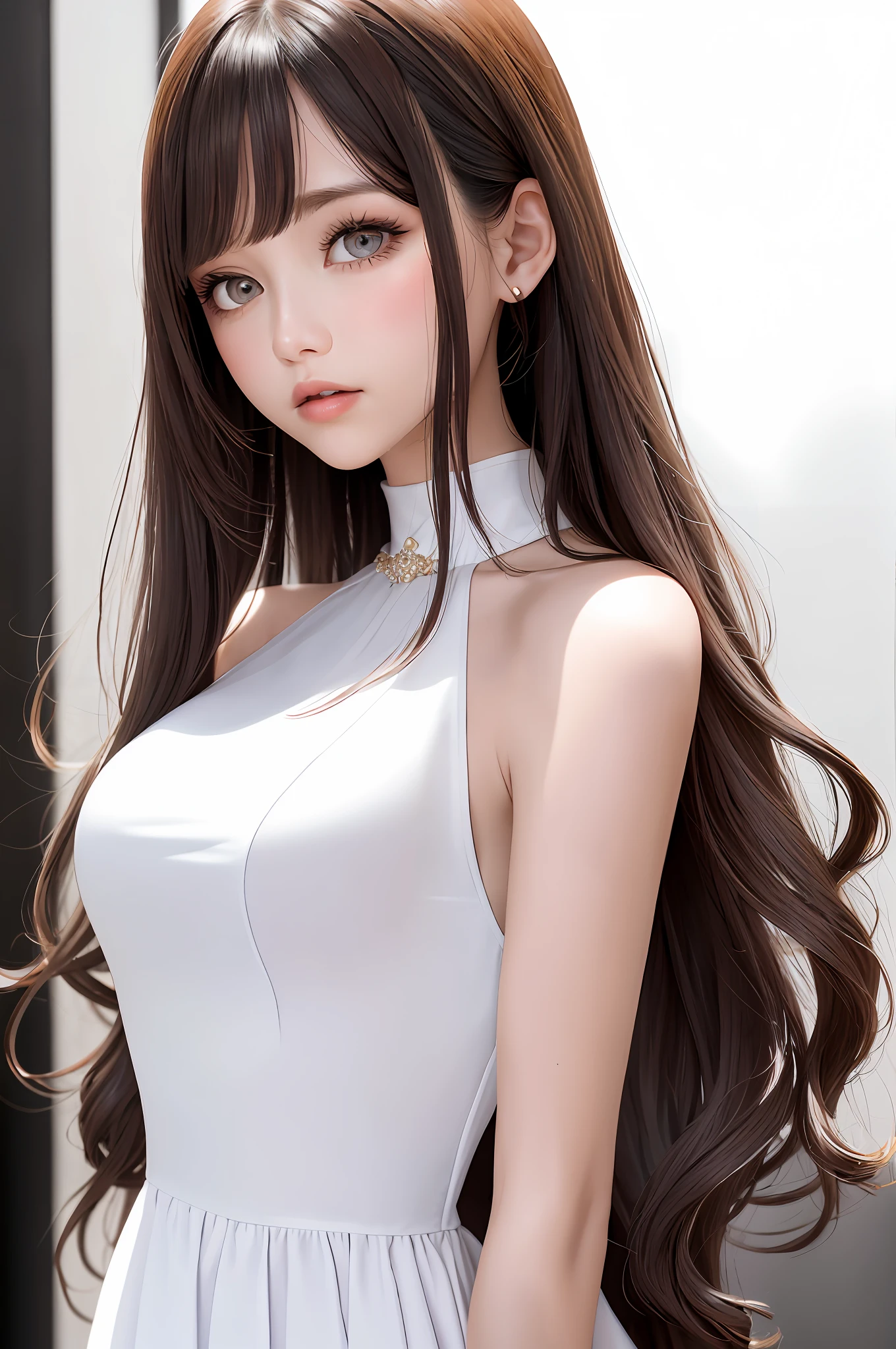 Beautiful eyes, attractive girl, to the top of the head, upper body, beautiful hair, long hair, wavy hair, dress with beautiful pattern, shoulder out