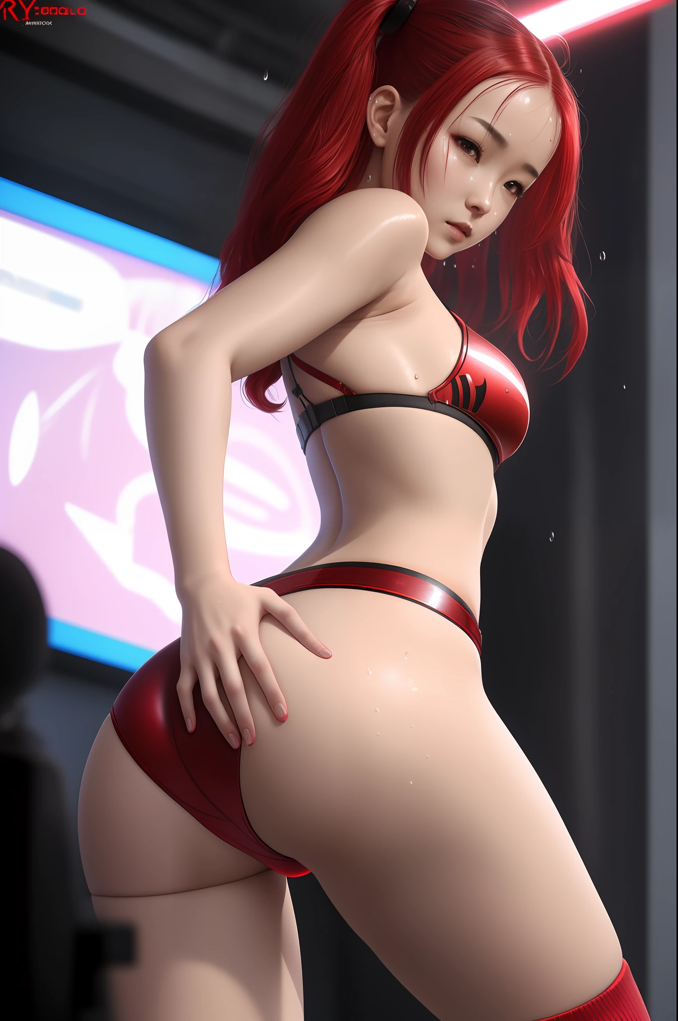 Amai Liu, Close-up, cinematic, realistic, wet skin, 1girl, cute face, russian girl, flowing red hair, cyberpunk outfit, big ass, fat legs, sexy, nsfw, wet skin, cyberpunk style clothes, cyberpunk, raytracing, cinematic lighting, volumetric lighting, prominent projected shadows, highly detailed, great details, soft focus, 8yk, raw photo, masterpiece, best quality, highres, realistic, photo-realistic, ultra detailed