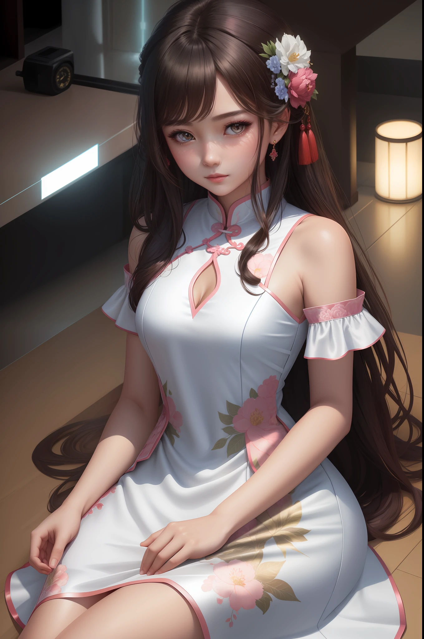 ((masterpiece)),
(((best quality))),
((ultra detailed)),
((illustration)), highres,
1 girl,
tyndall effect,photorealistic, rim lighting, two tone lighting,(high detailed skin:1.2), soft lighting, volumetric lighting, looking at viewer, Photograph,
beautiful detailed face,
black hair, hair ornament,
dark brown eyes,
necklace, jewelry,
lie down,
upon body,
blue dress,china dress,white dress, pink grass,cheongsam,silk dress,small boobs,no smile,anime