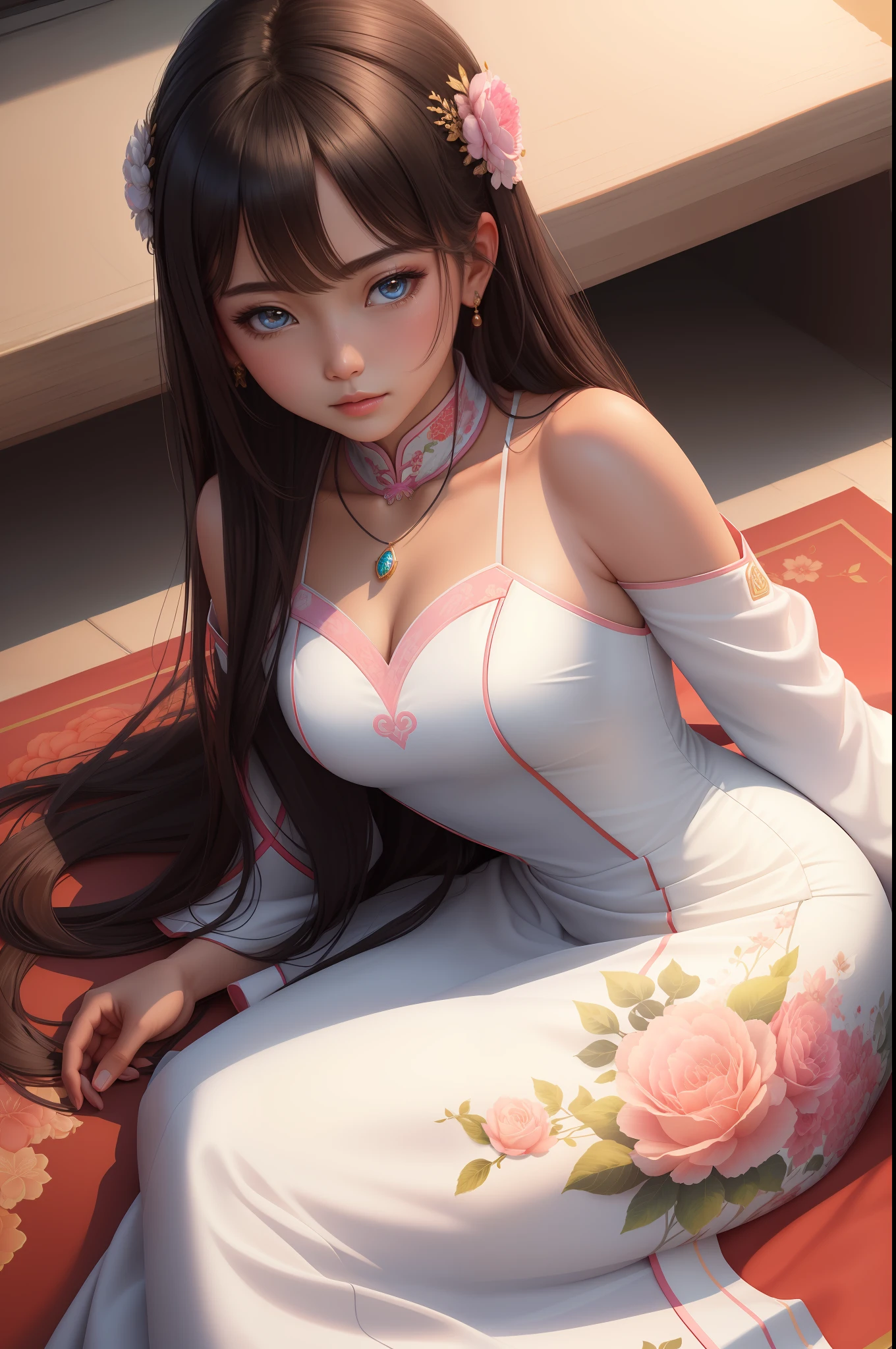 ((masterpiece)),
(((best quality))),
((ultra detailed)),
((illustration)), highres,
 1 girl,
tyndall effect,photorealistic,  rim lighting, two tone lighting,(high detailed skin:1.2), soft lighting, volumetric lighting, looking at viewer, Photograph, 
beautiful detailed face,
black hair, hair ornament,
dark brown eyes, 
necklace, jewelry,
lie down,
upon body,
blue dress,china dress,white dress, pink grass,cheongsam,silk dress,small boobs,no smile,anime