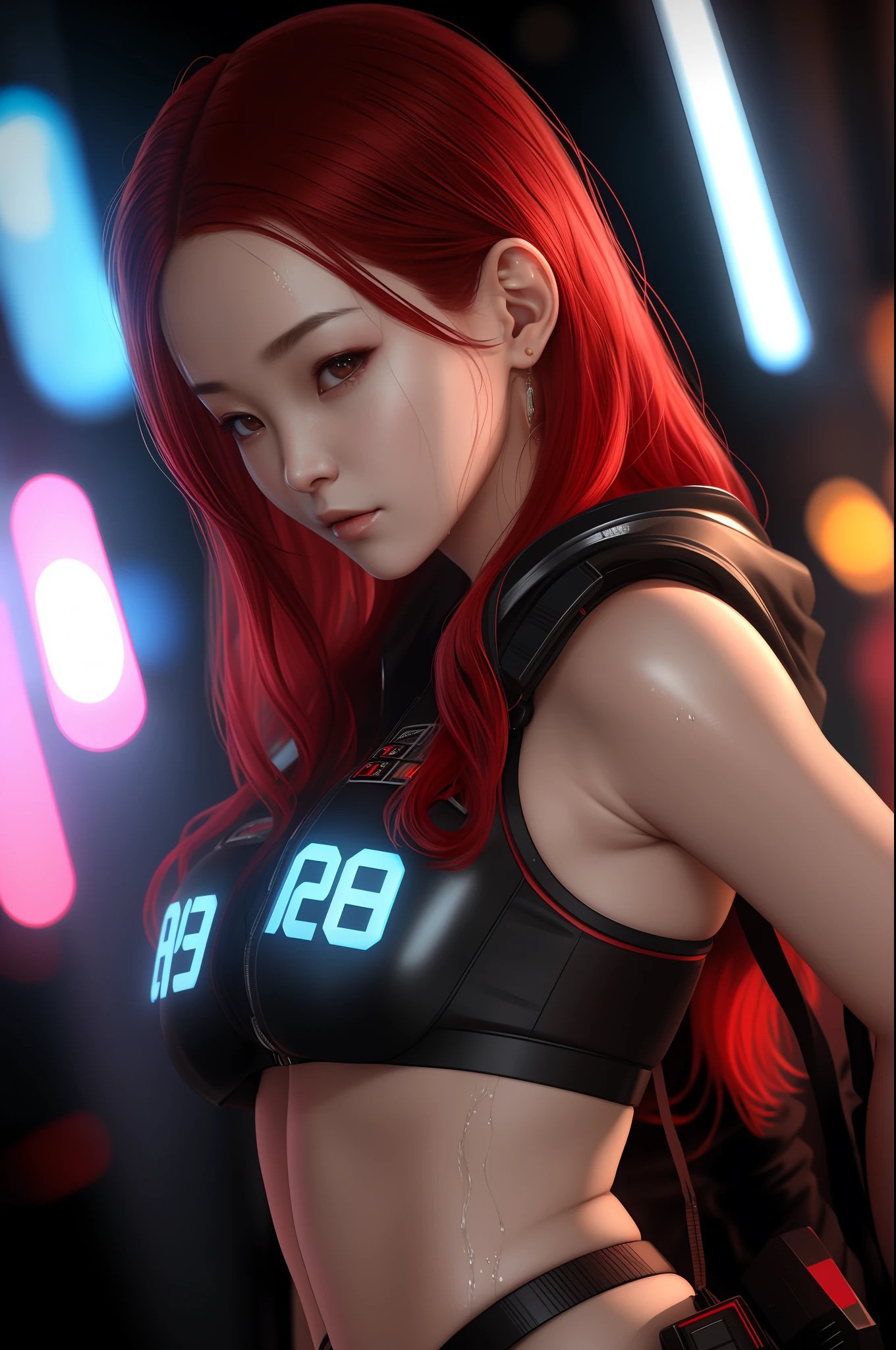Amai Liu, Close-up, cinematic, realistic, wet skin, 1girl, cute face, russian girl, flowing red hair, cyberpunk outfit, big ass, fat legs, sexy, nsfw, wet skin, cyberpunk style clothes, cyberpunk, raytracing, cinematic lighting, volumetric lighting, prominent projected shadows, highly detailed, great details, soft focus, 8yk, raw photo, masterpiece, best quality, highres, realistic, photo-realistic, ultra detailed