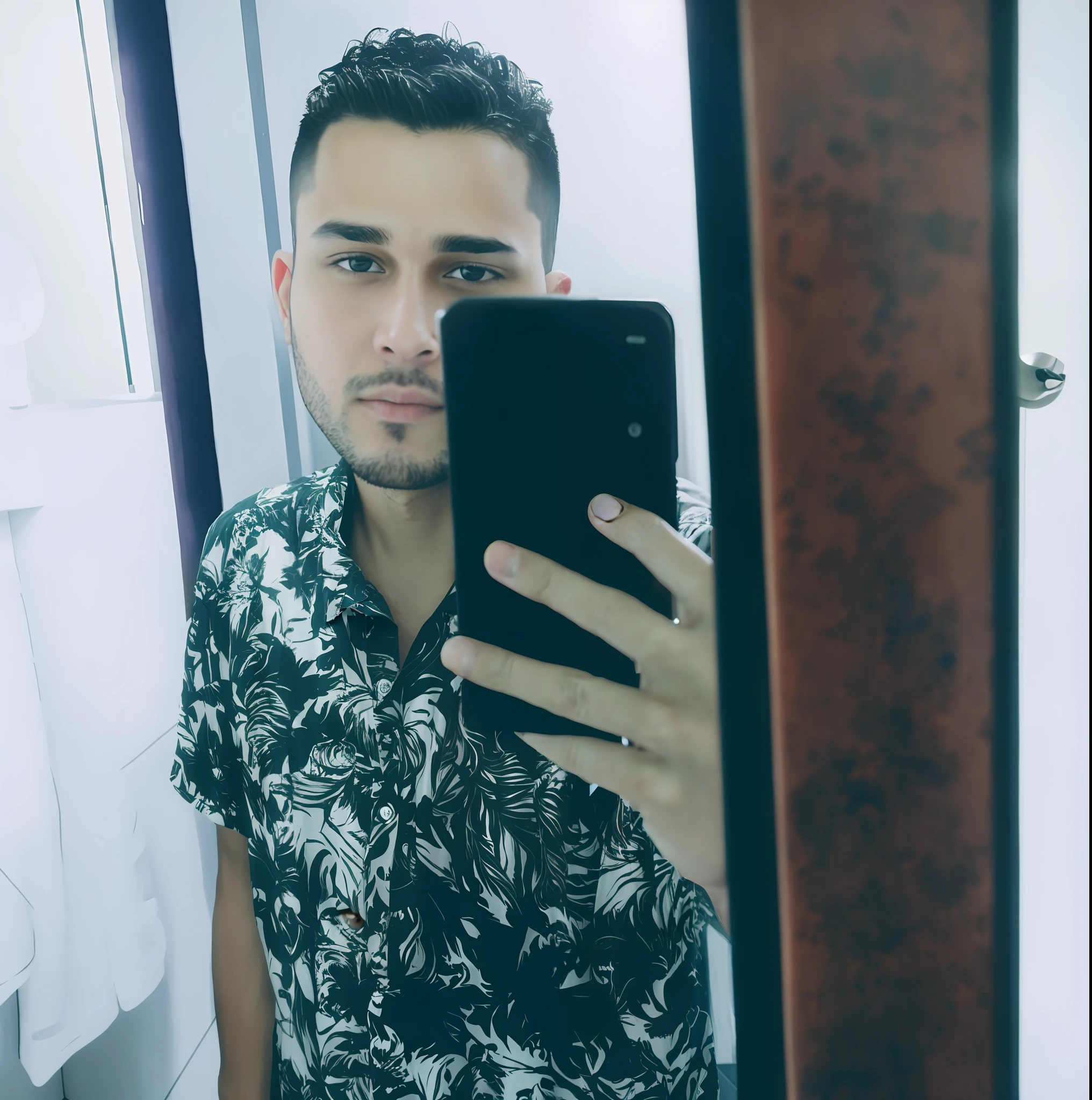 "A 23-year-old, short wavy brown hair, brown eyes, taking a selfie in front of a bathroom mirror. I seek ultra image quality with contrast, shadow and light well adjusted to create a masterpiece. Style Gta san Andreas