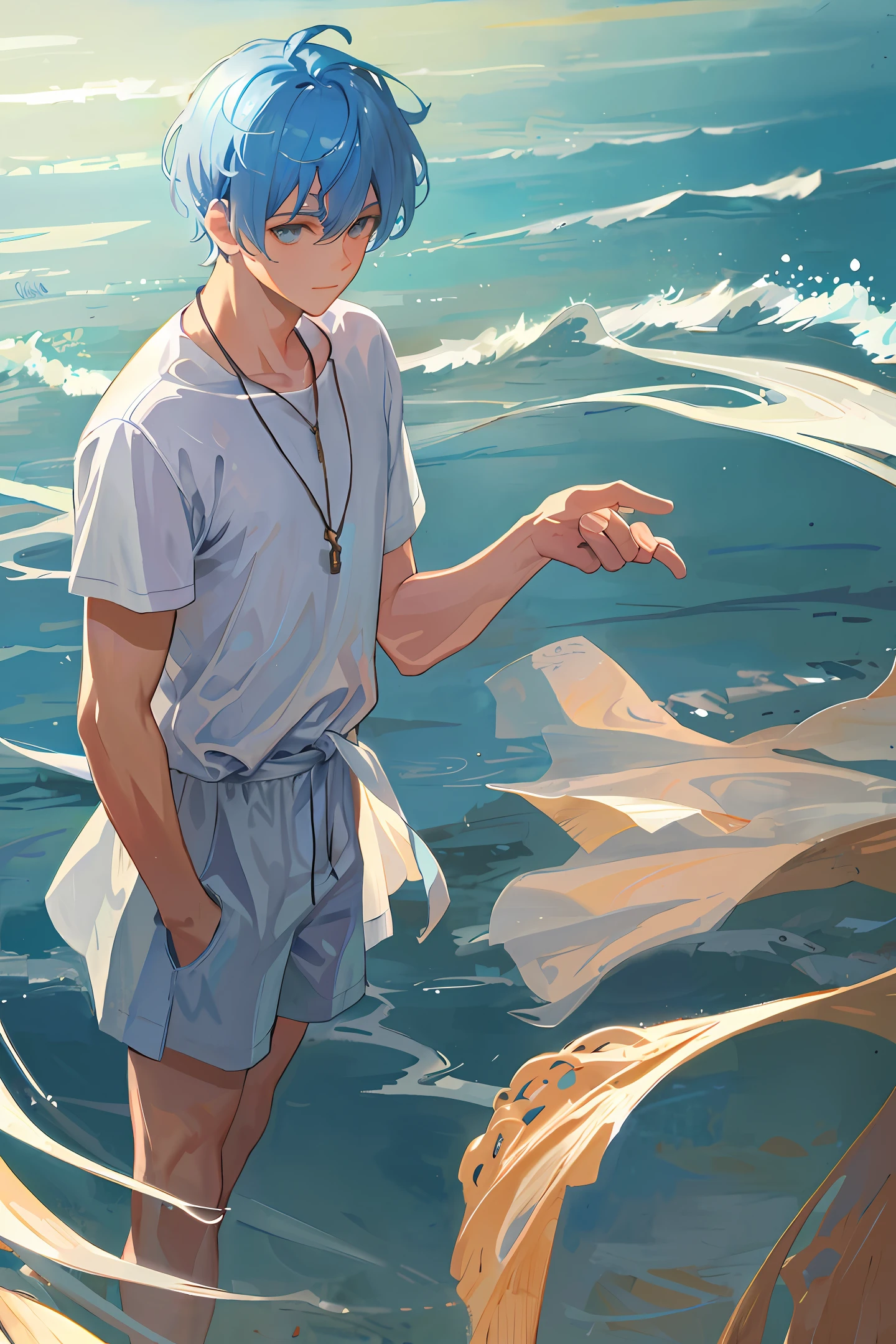 Man with blue swimming cap, with blue swimming goggles, wearing a white cape is yellow kitchen gloves is a duckling buoy at the waist