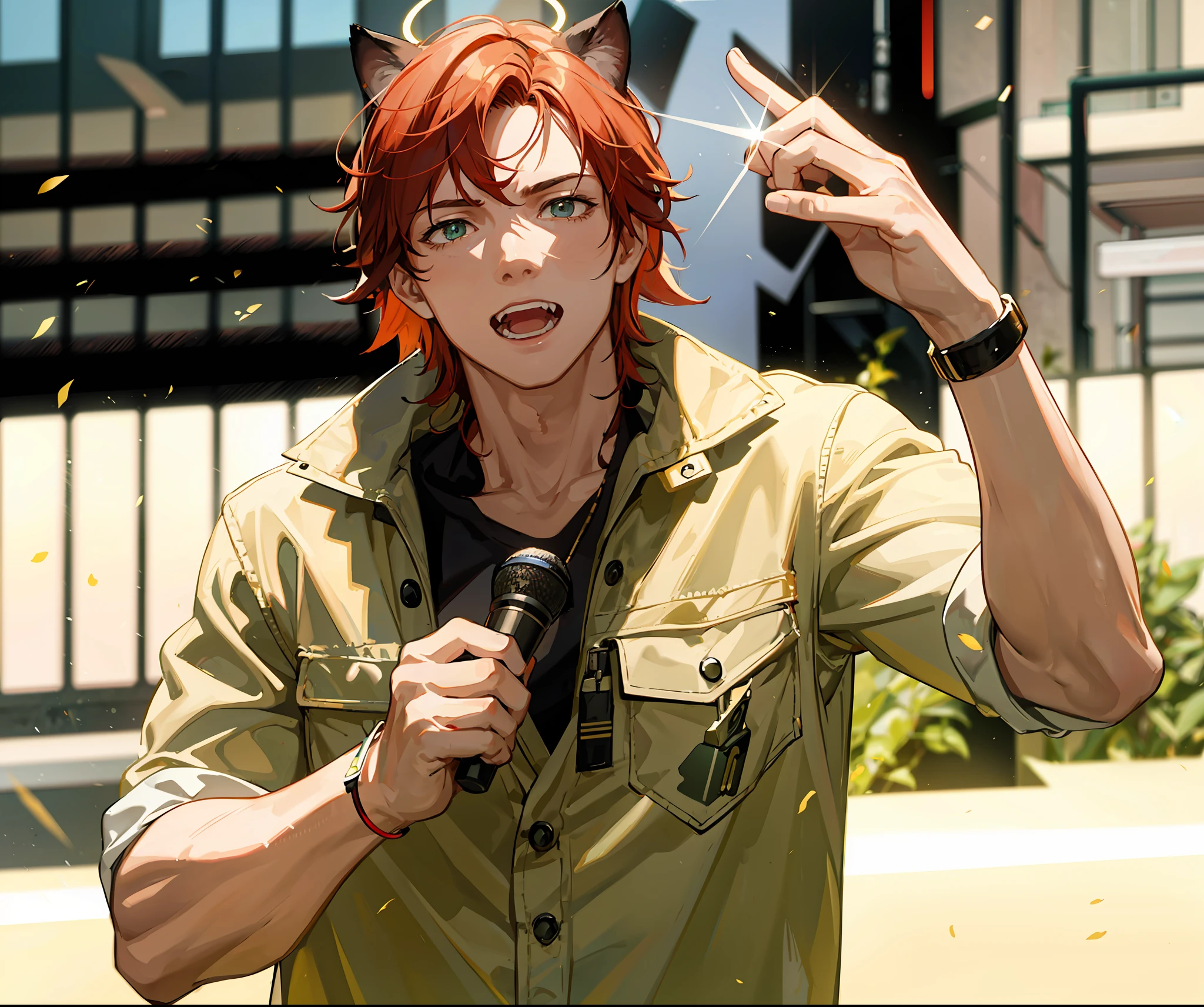 Steve irwin. cat ears, animal ears, australian, 1 boy, male focus, red hair, auburn hair, looking at viewer, perfect anatomy,perfect hands, midday summer, sunshine, cel shading, holding, holding a microphone speaking to a crowd, detailed face, detailed eyes,crazy eyes, determined, halo, shiny hair, ray tracing, high detail, 16k, textured skin, super detail, UHD, retina, anatomically correct, award winning