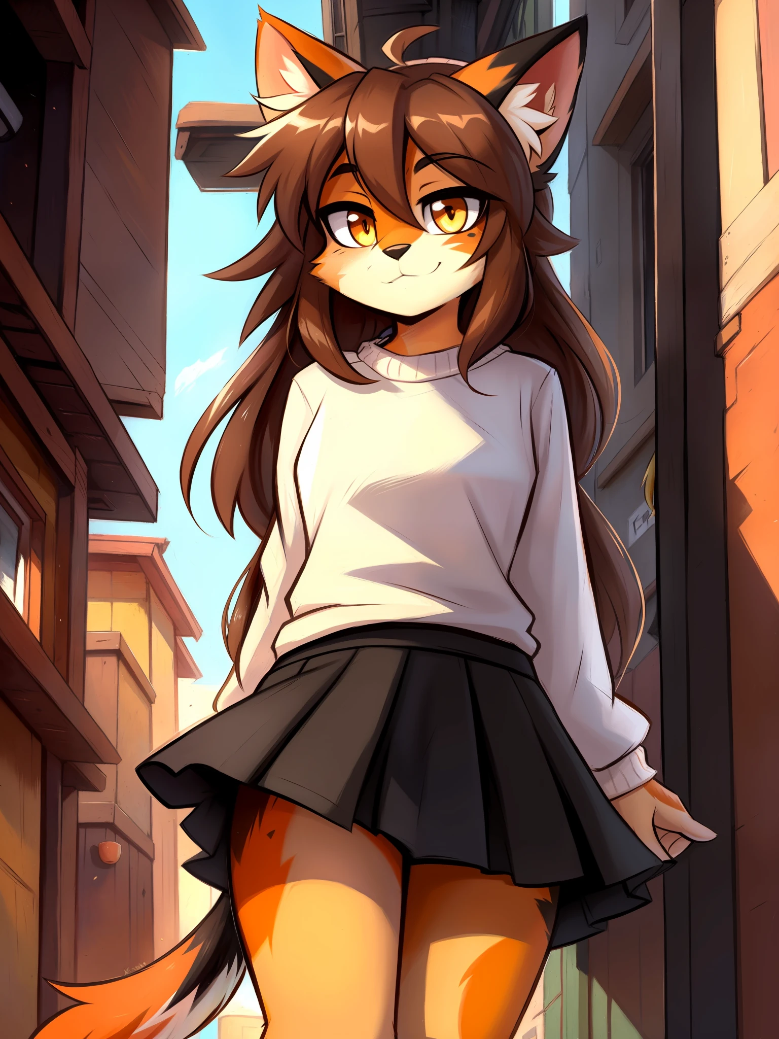 uploaded E621, beautiful and detailed portrait of a woman (((female))) anthro cat, Zackary911, kenket, uploaded to E621, by kilinah, (coffeesoda:1.1), hioshiru, kilinah, lighting Zenematic, seductive, bl, cat, thighighs, big chest, full body, beautiful, messy hair, brown hair, white eyes, thicc, solo, standing, long hair, 2-tone hair ((orange | black)), cat ears, Totora, Totora, Thighighs, Calico cat, Heterochromia ((green | blue)), pink sweater, black skirt, dark alley, noon, hidden, view from below, upskirt, visible crotch ((blue striped panties))