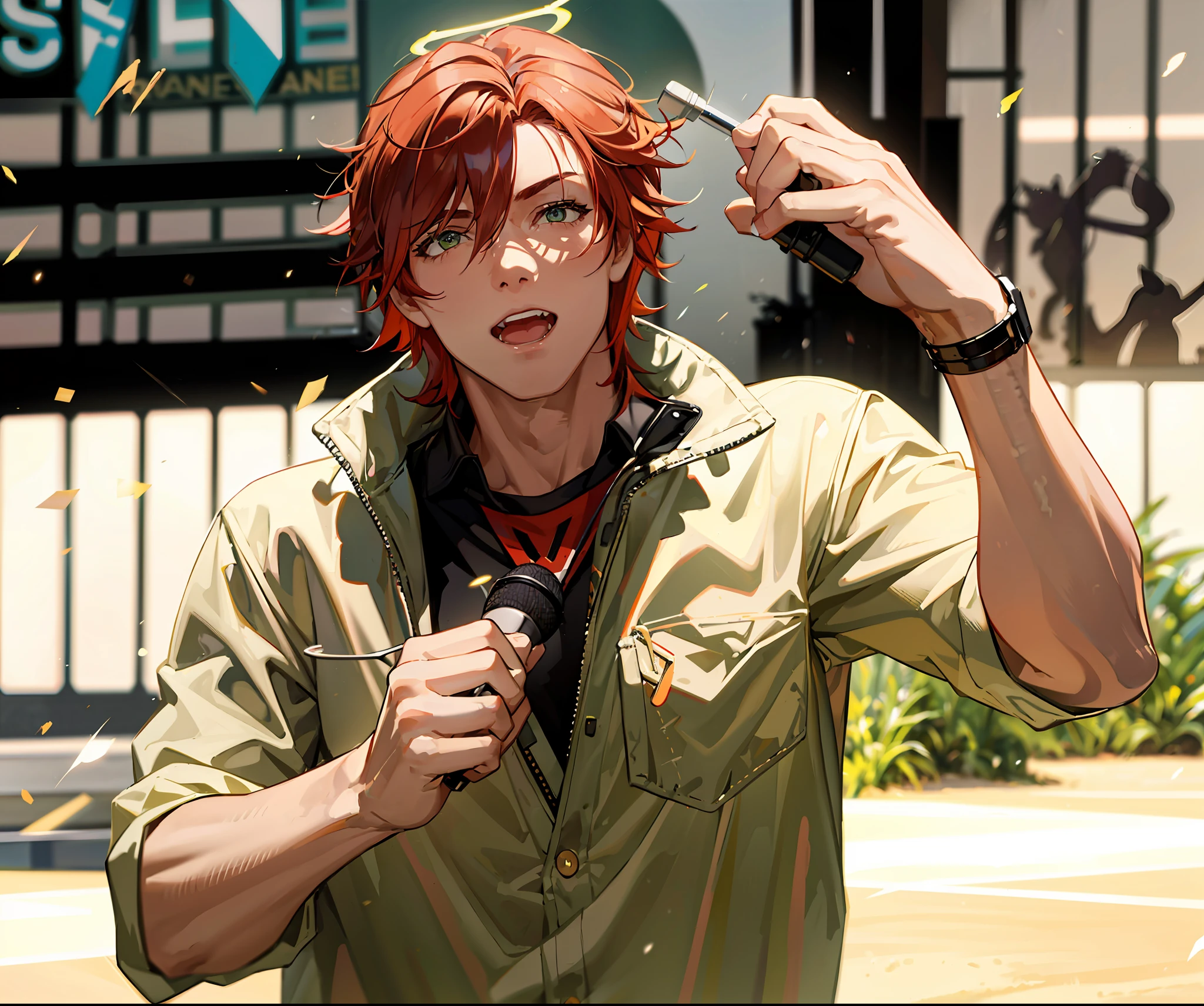 Steve irwin. cat ears, animal ears, australian, 1 boy, male focus, red hair, auburn hair, looking at viewer, perfect anatomy,perfect hands, midday summer, sunshine, cel shading, holding, holding a microphone speaking to a crowd, detailed face, detailed eyes,crazy eyes,  determined, halo, shiny hair, ray tracing, high detail, 16k, textured skin, super detail, UHD, retina, anatomically correct, award winning