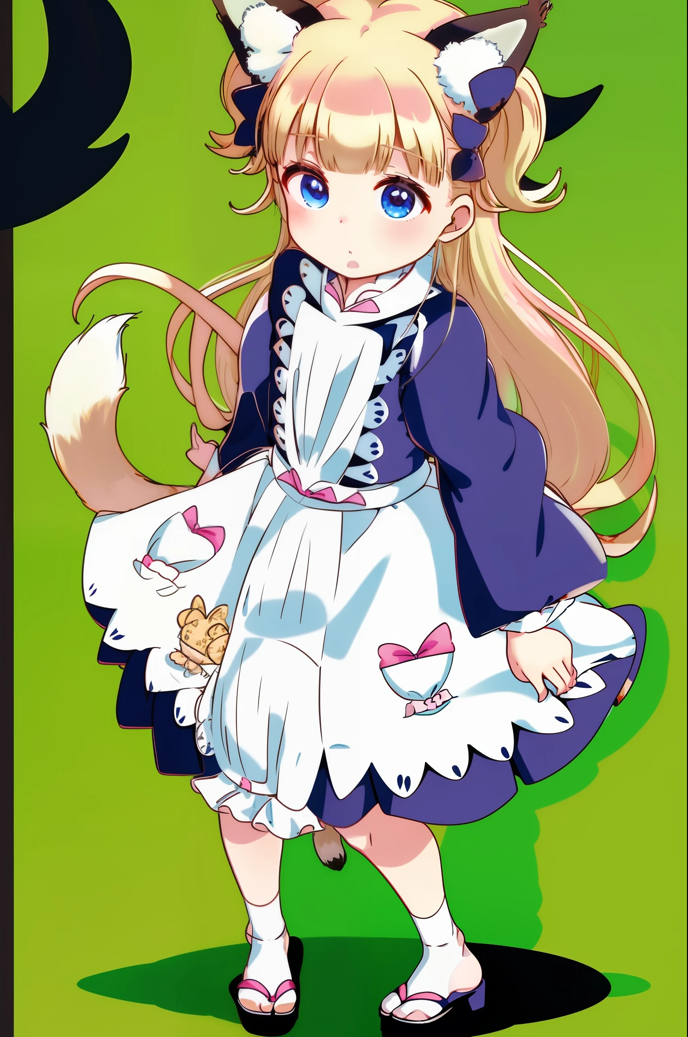 kinako,  animal_ear_fluff, animal_ears, apron, aqua_eyes, bangs, blunt_bangs, eyebrows_visible_through_hair, fox_ears, fox_tail, frilled_apron, frills, full_body, green_eyes, green_kimono, japanese_clothes, kimono, long_hair, long_sleeves, maid_apron, maid_headdress, sandals, simple_background, solo, standing, tabi, tail, wa_maid, white_apron, white_background, white_legwear, wide_sleeves, zouri, bikini