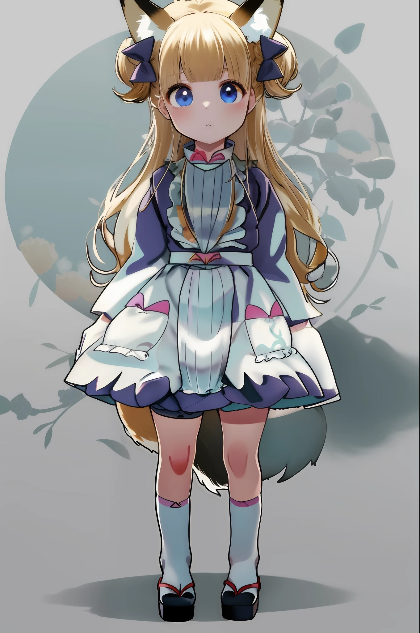 kinako, animal_ear_fluff, animal_ears, apron, aqua_eyes, bangs, blunt_bangs, eyebrows_visible_through_hair, fox_ears, fox_tail, frilled_apron, frills, full_body, green_eyes, green_kimono, japanese_clothes, kimono, long_hair, long_sleeves, maid_apron, maid_headdress, sandals, simple_background, solo, standing, tabi, tail, wa_maid, white_apron, white_background, white_legwear, wide_sleeves, zouri, bikini