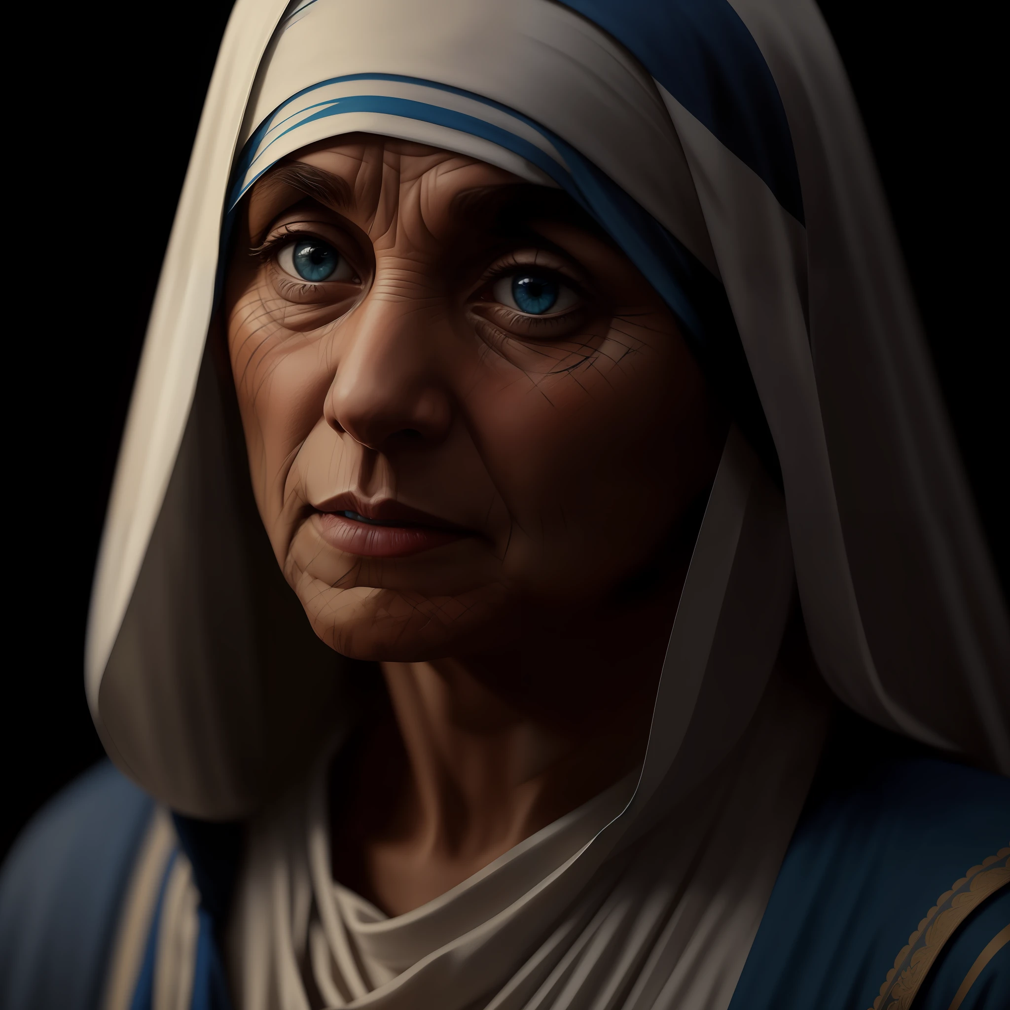 Mother Teresa of Calcutta, identical appearance, hyper realistic, dark photo: realistic epic, soft cinematic portrait, adobe lightroom, photographic lab, highly detailed, faded, art by Greg Rutkowski and Artgerm ,neutral colors: 1,2), (HDR: 1,4) , (soft colors:1.2), hyperdetailed, (artstation:1.4), cinematic, warm lights, dramatic light, (intricate details:1.1), complex background, (rutkowski:0.66), (blue and orange:0.4)