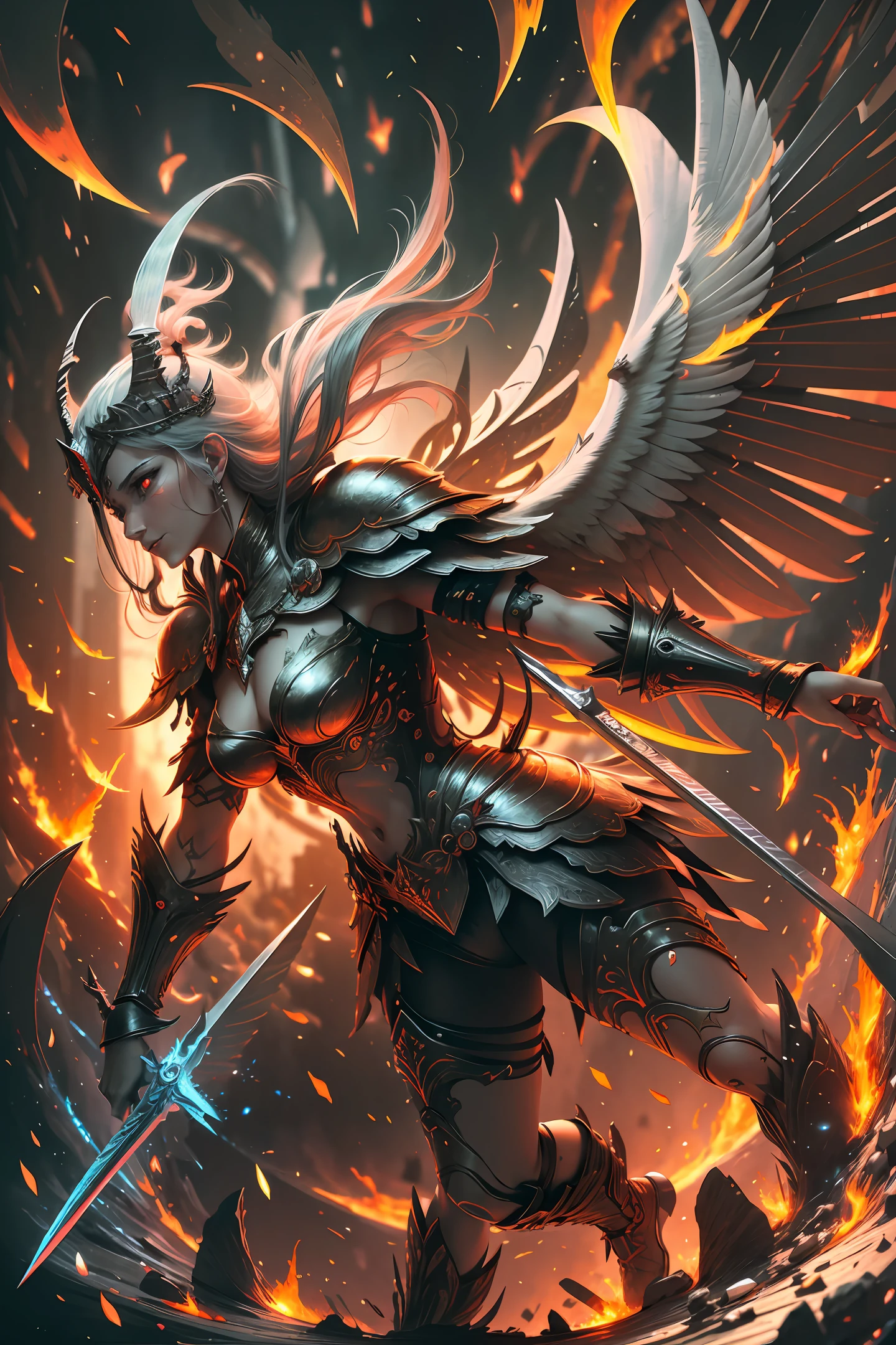 Warrior, with sword, with shield, with wings, eyes of fire, flying over the clouds, --auto --s2