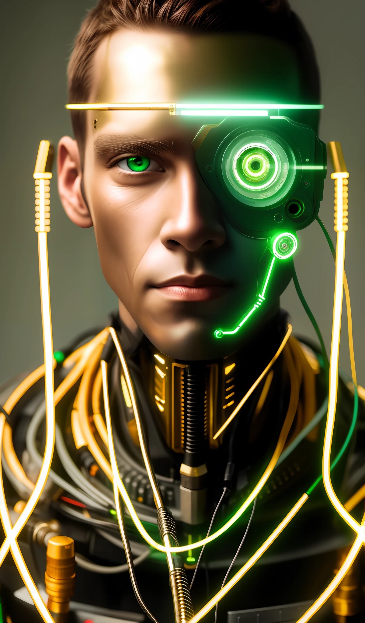 Cyborg Man Medium Shot, Green Eyes, Overalls, Model Face, Exposed Wires, Gold Oil Escaping from Rusty Wires
